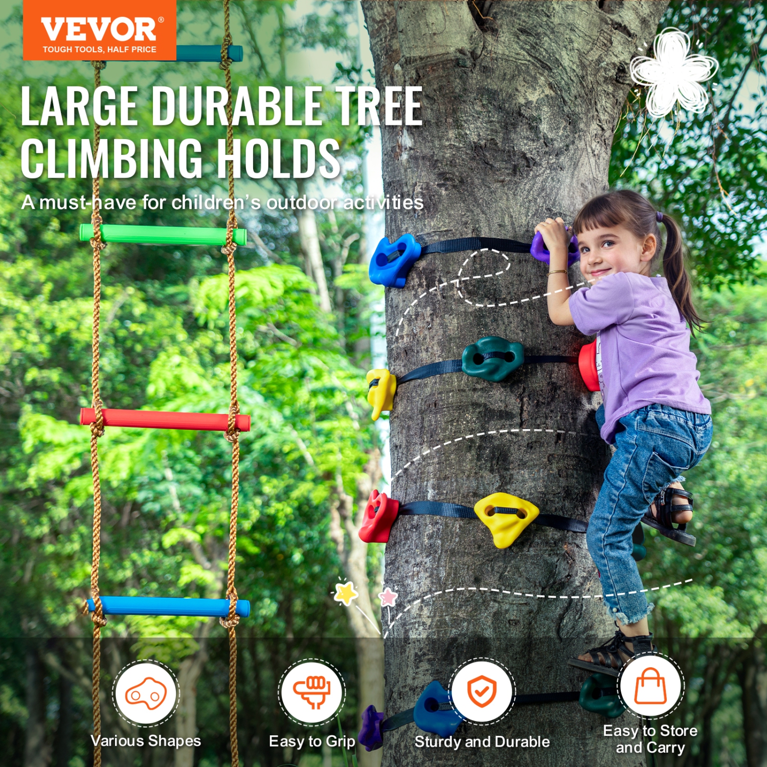 VEVOR 12 Ninja Tree Climbing Kit, 6 Ratchet Straps, and a Climbing Ladder, Climbing Rocks for Kids and Adults Climber, Various Colors and Shapes, for