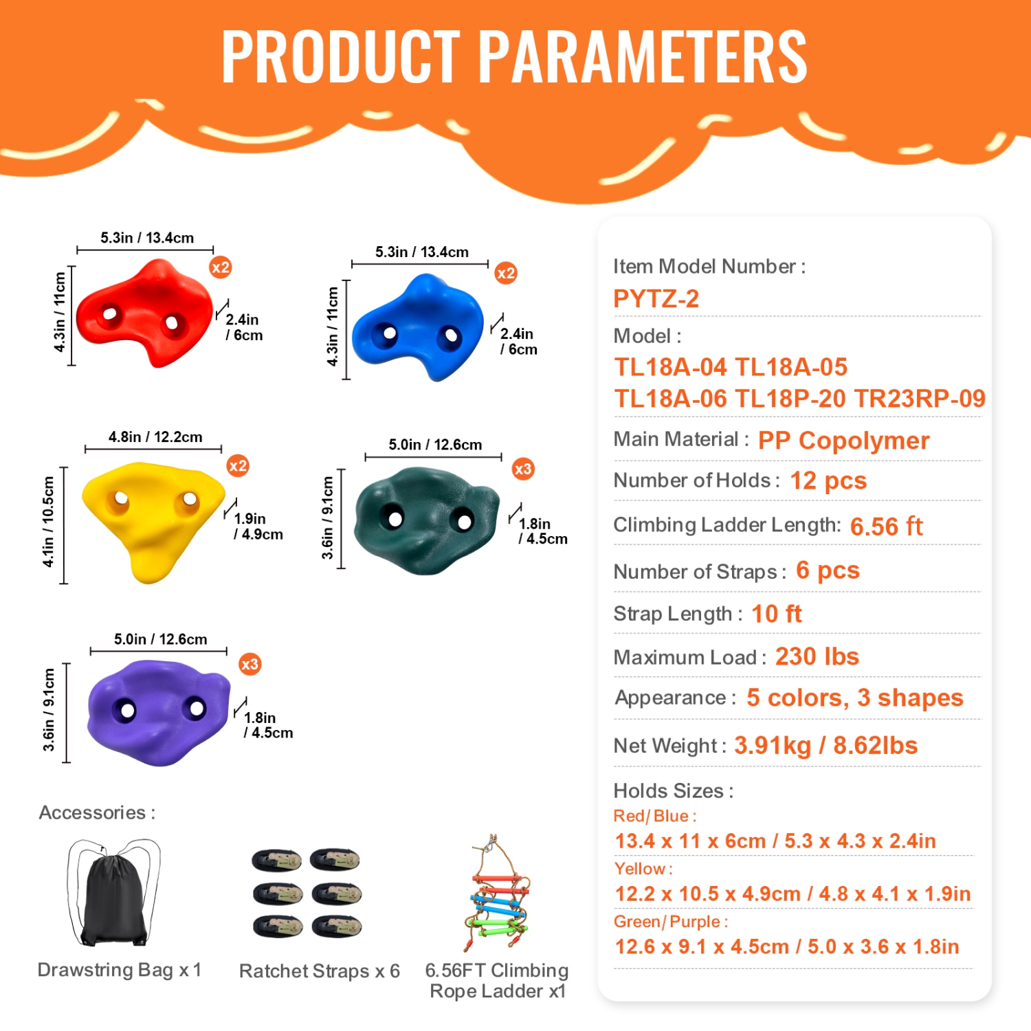 VEVOR 12 Ninja Tree Climbing Kit, 6 Ratchet Straps, and a Climbing Ladder, Climbing Rocks for Kids and Adults Climber, Various Colors and Shapes, for