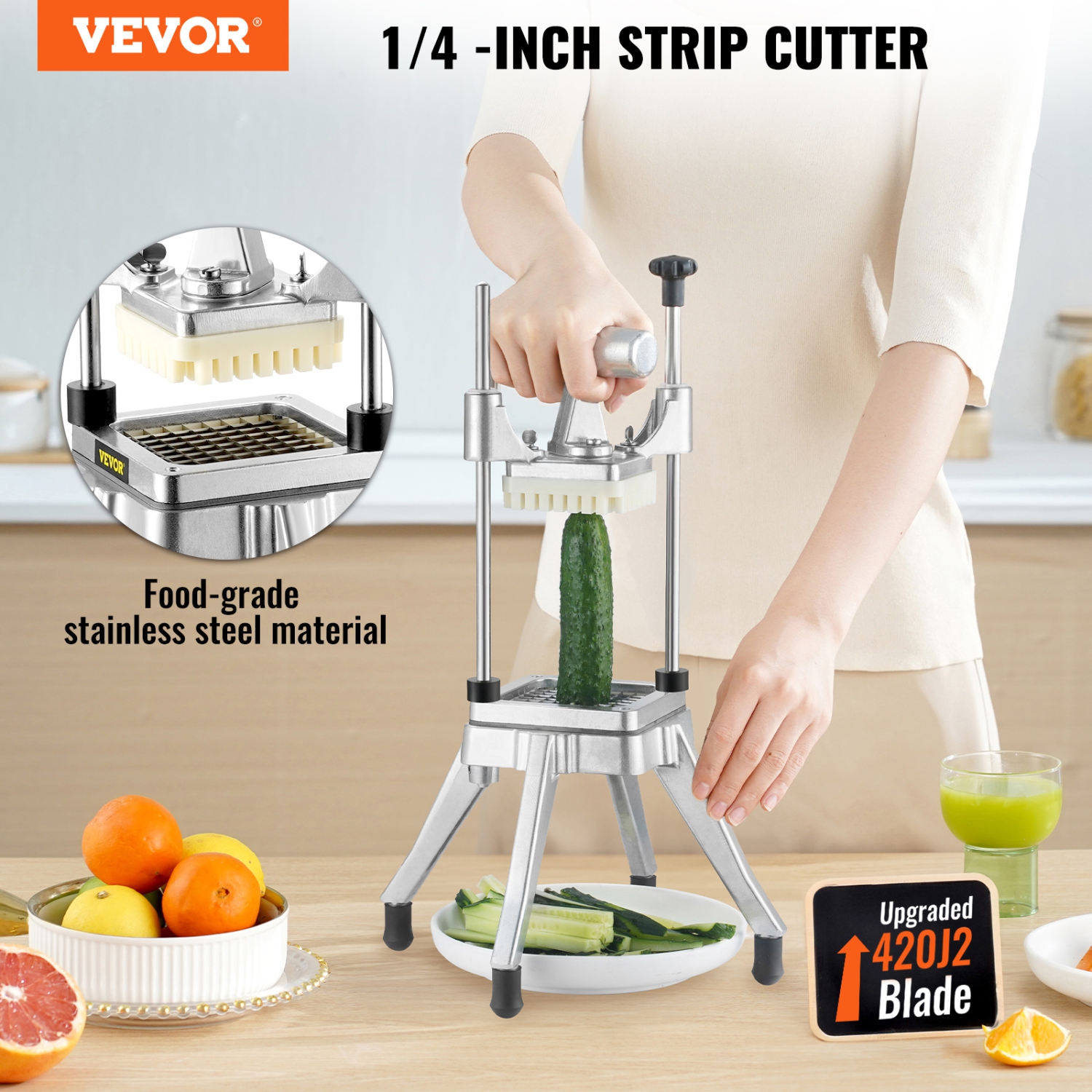 Hachoir de fruits commercial VEVOR Lame de 1/4 po Dicer d'aliments professionnel robuste Kattex Coupe-frites Coupe-oignons Acier inoxydable pour