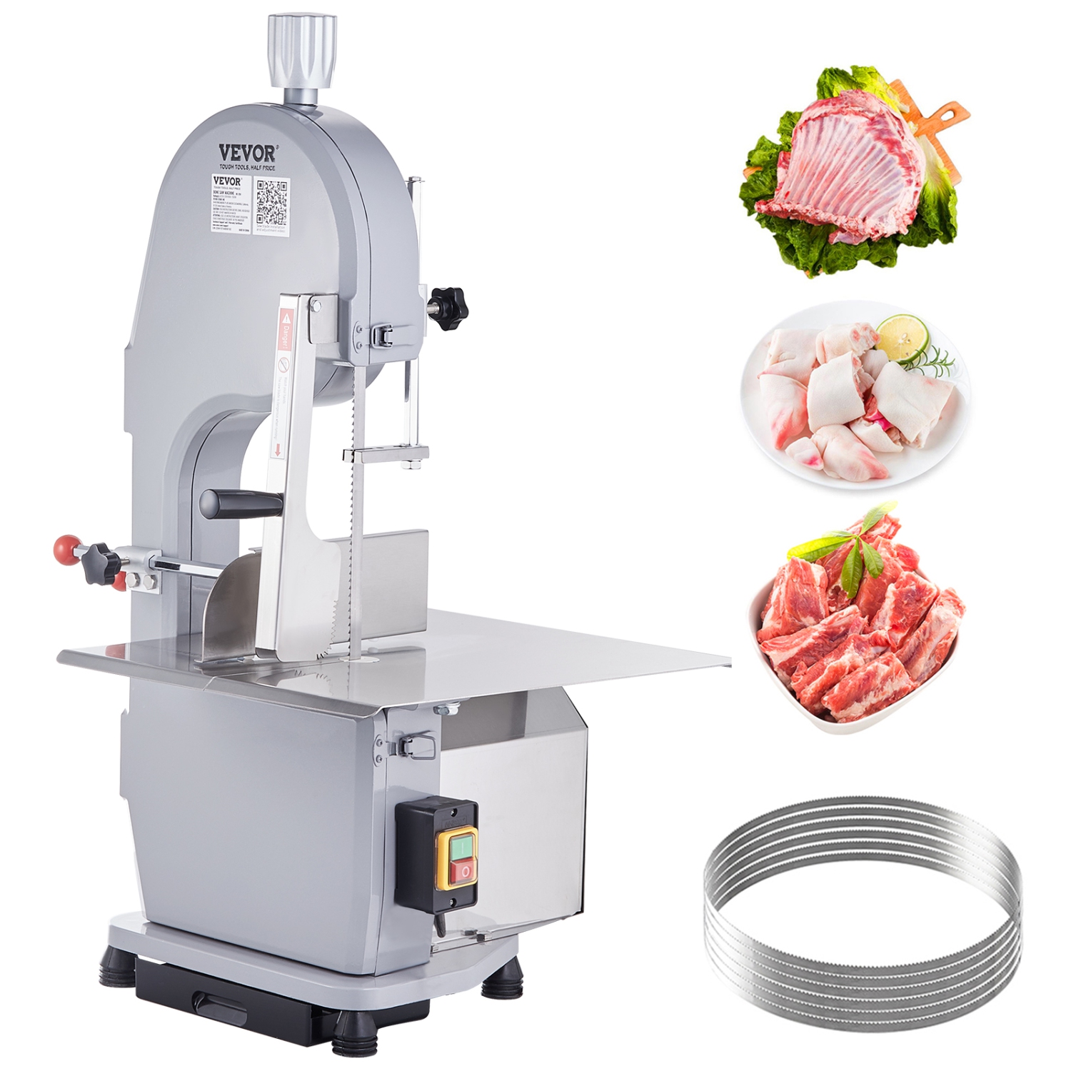 VEVOR 1100W Commercial Electric Meat Bandsaw, Stainless Steel Countertop Bone Sawing Machine,Workbeach 19.3" x 15", 0.16-7.9 Inch Cutting