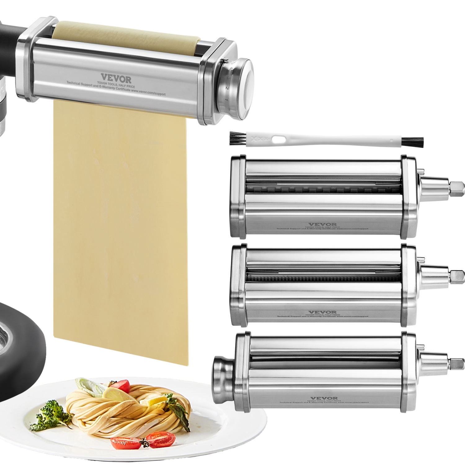 VEVOR 3Pcs Pasta Attachment for KitchenAid Stand Mixer, Stainless Steel Pasta Roller Cutter Set Including Pasta Sheet Roller, Spaghetti , 8
