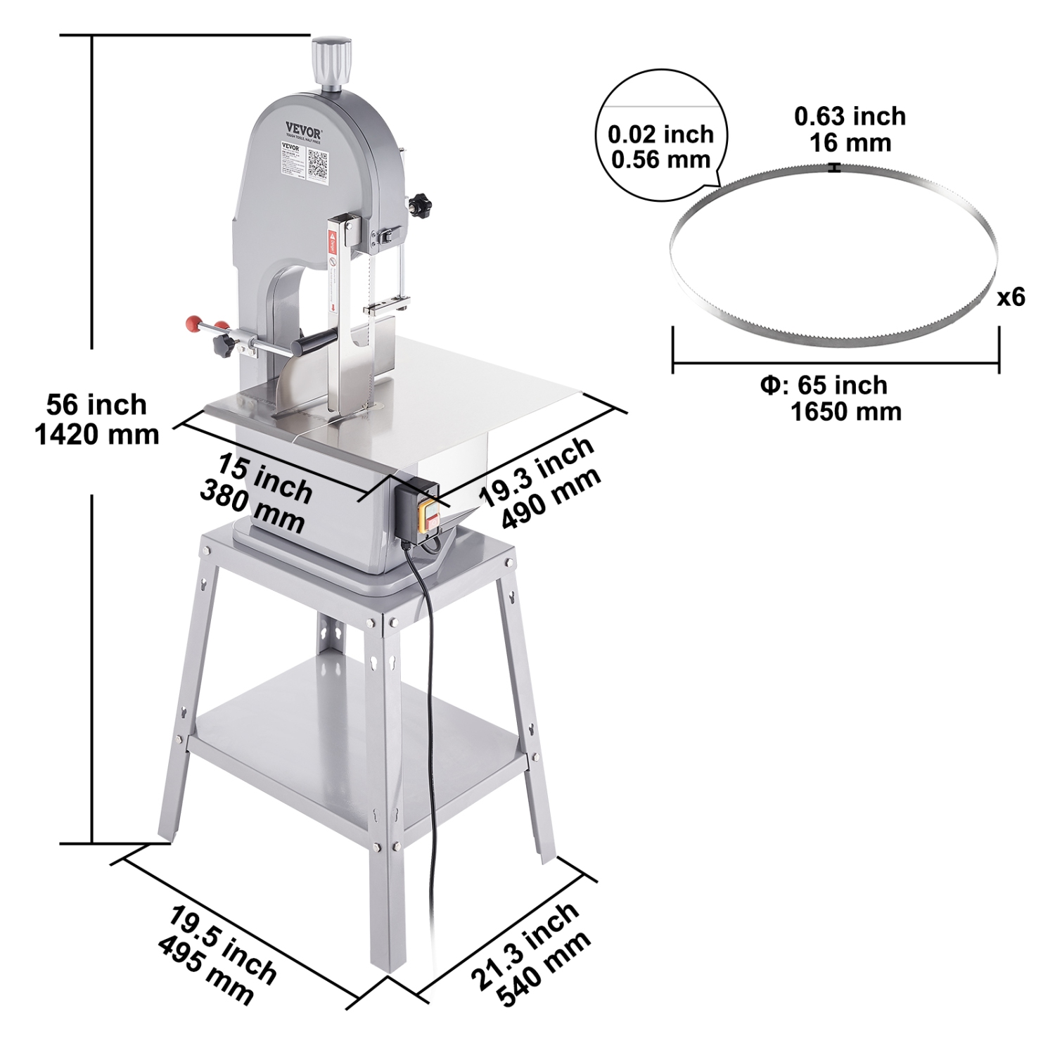 VEVOR 1500W Commercial Electric Meat Bandsaw, Stainless Steel Vertical Bone Sawing Machine, Workbeach 19.3" x 15", 0.16-7.9 Inch Cutting Thickness,