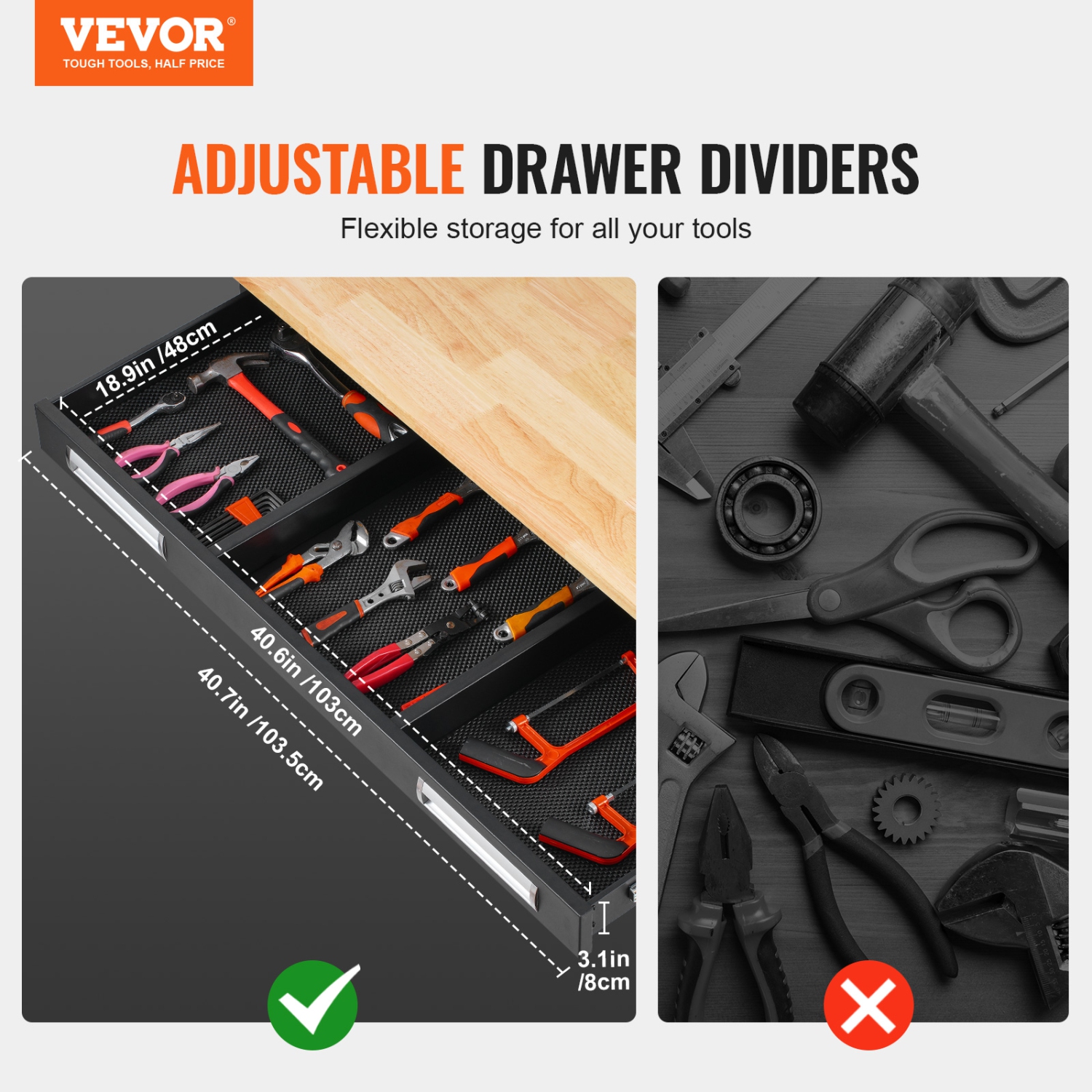 Établi VEVOR de 48&nbsp;po, capacité de charge 1500&nbsp;lb, établi avec tiroirs et roulettes coulissants, établi à roulettes, table de travail à