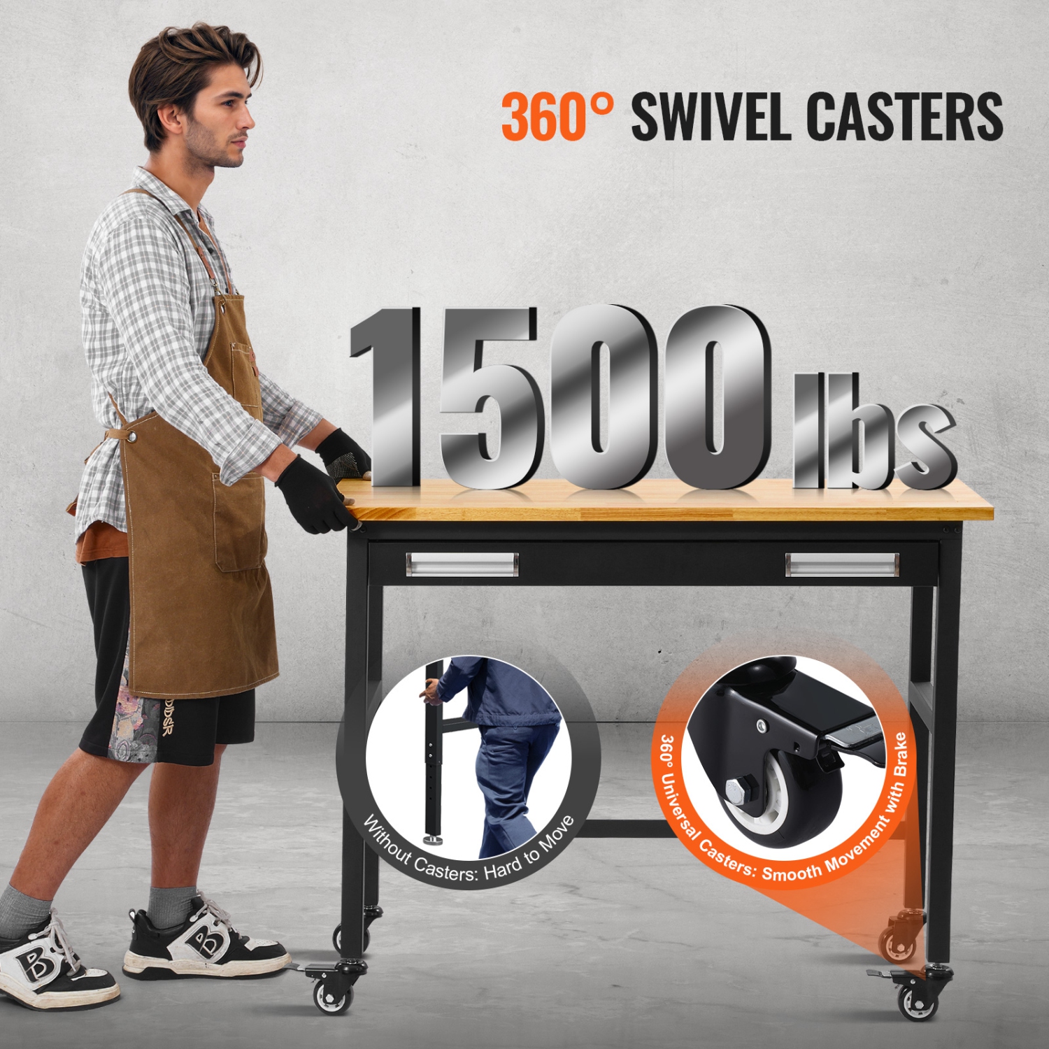 Établi VEVOR de 48&nbsp;po, capacité de charge 1500&nbsp;lb, établi avec tiroirs et roulettes coulissants, établi à roulettes, table de travail à