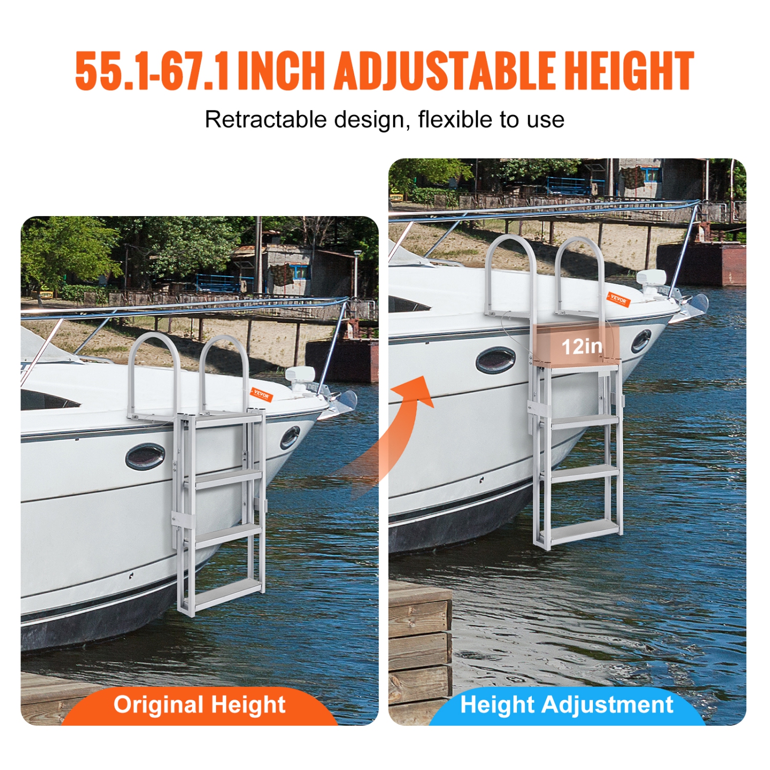 VEVOR 4 Steps Dock Ladder, 350 lbs Load Capacity, Aluminum Alloy Pontoon Boat Ladder with 55.1''-67.1'' Height, 4'' Wide Step & Rubber Mat, for