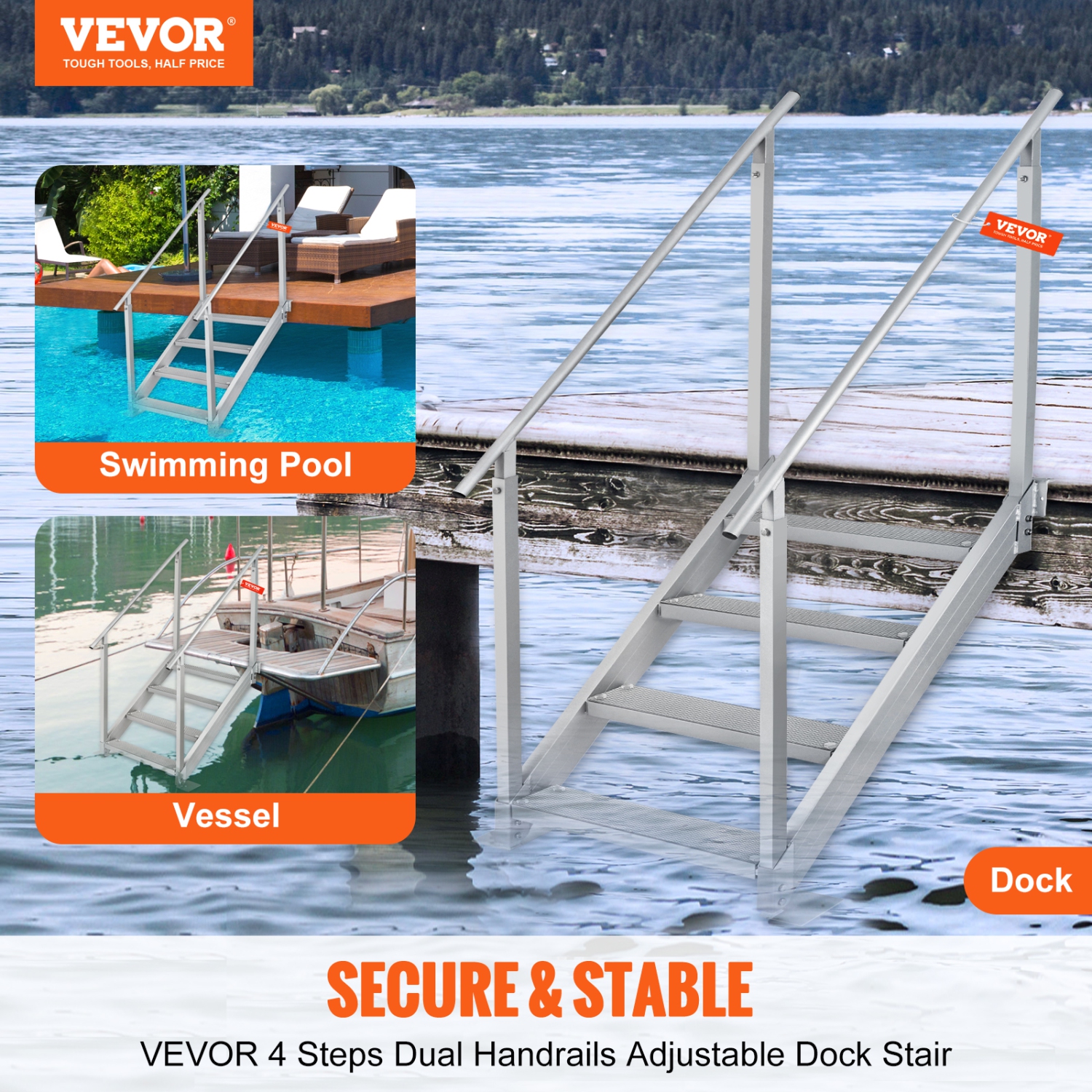 VEVOR 4 Step Dock Ladder, Stairs 30''-38'' Height, 500 lbs Load Capacity, Aluminum Pontoon Boat Ladder with Dual Handrails & Nonslip Rubber Mat for