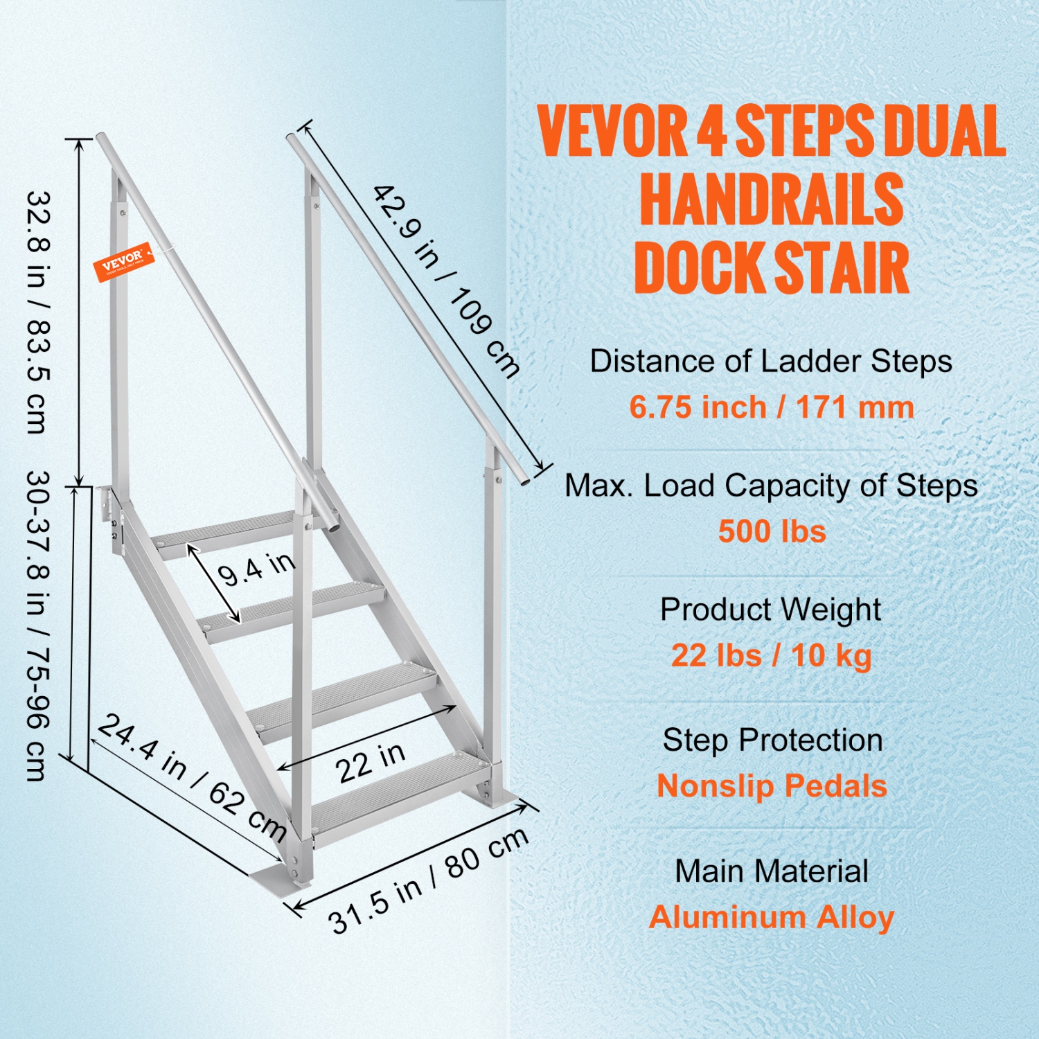 VEVOR 4 Step Dock Ladder, Stairs 30''-38'' Height, 500 lbs Load Capacity, Aluminum Pontoon Boat Ladder with Dual Handrails & Nonslip Rubber Mat for