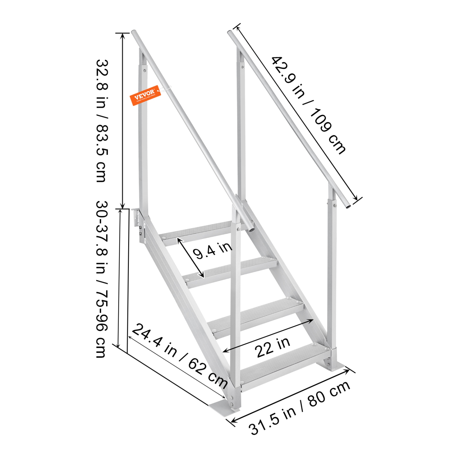 VEVOR 4 Step Dock Ladder, Stairs 30''-38'' Height, 500 lbs Load Capacity, Aluminum Pontoon Boat Ladder with Dual Handrails & Nonslip Rubber Mat for