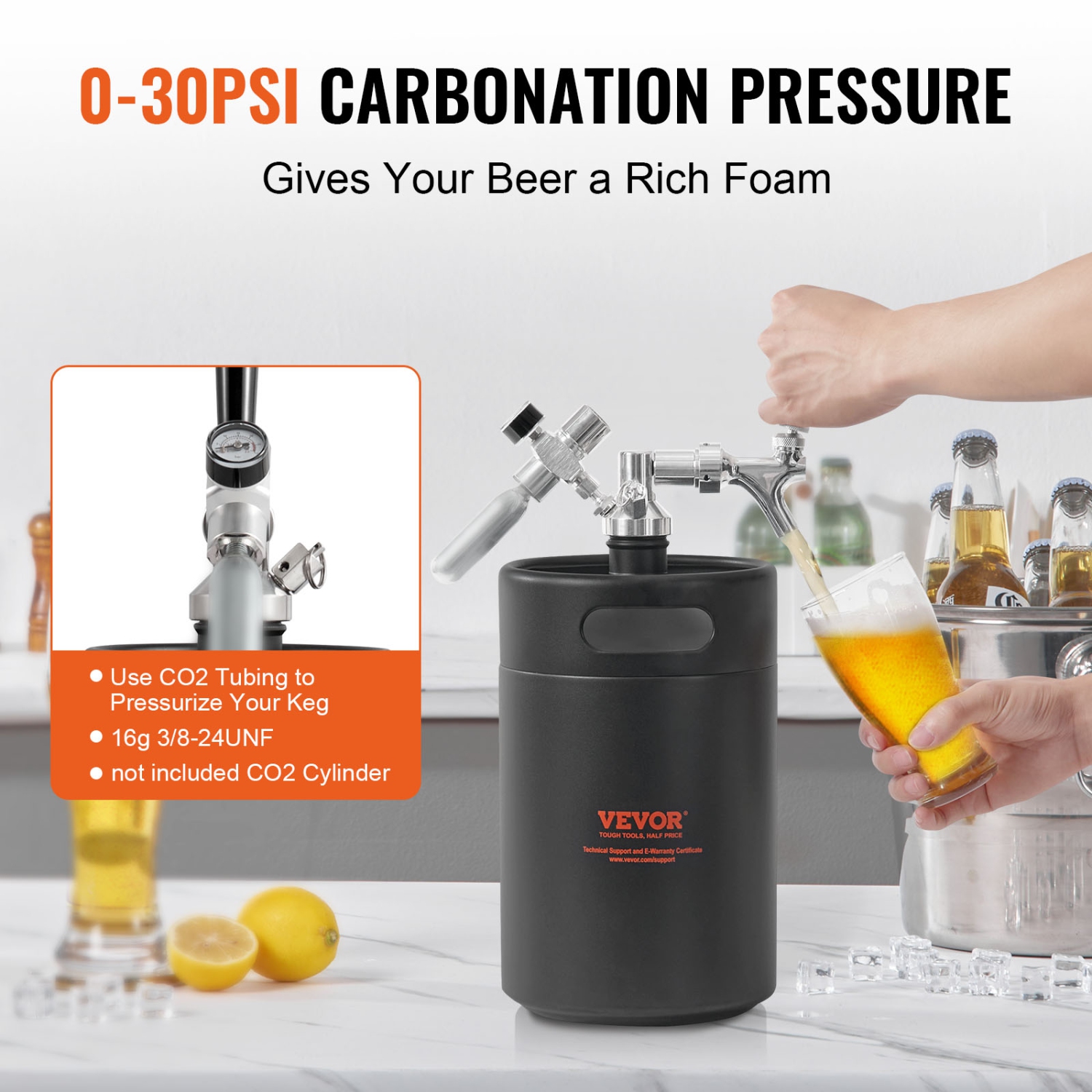 VEVOR 170Oz 5L Beer Growler Tap System, 304 Stainless Steel Pressurized Beer Growler, Keg Growler with Pressure Display, CO2 Regulator Faucet,