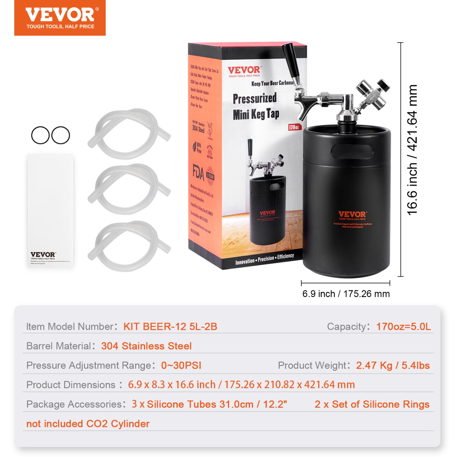 VEVOR 170Oz 5L Beer Growler Tap System, 304 Stainless Steel Pressurized Beer Growler, Keg Growler with Pressure Display, CO2 Regulator Faucet,
