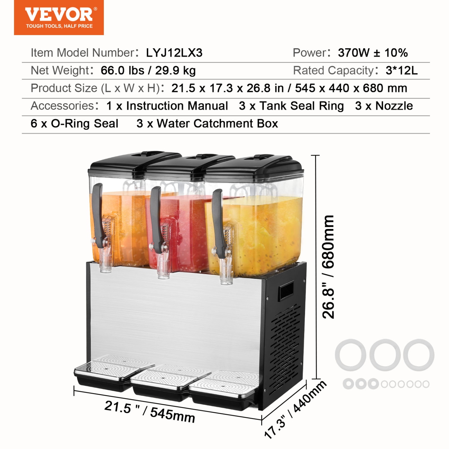 VEVOR 3 Tanks Commercial Beverage Dispenser, 12 L / 12.7 QT Per Tank Juice Dispenser, 370W Stainless Steel Ice Tea Drink Machine with 45°F-54°F