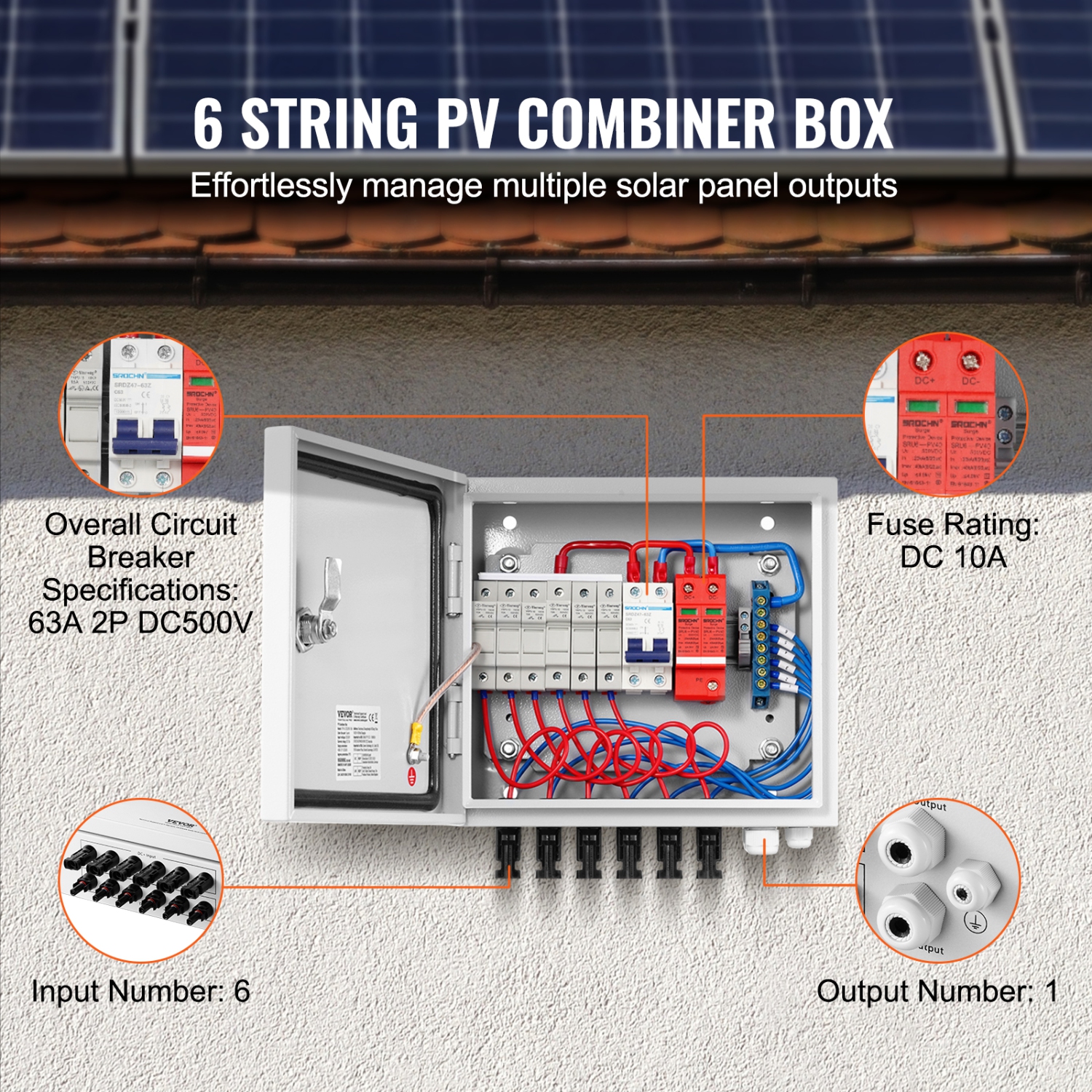 Boîtier de combinaison VEVOR 6 à cordes PV, boîtier de combinaison solaire avec disjoncteur 63&nbsp;A à fusible homologué 10&nbsp;A et connecteur