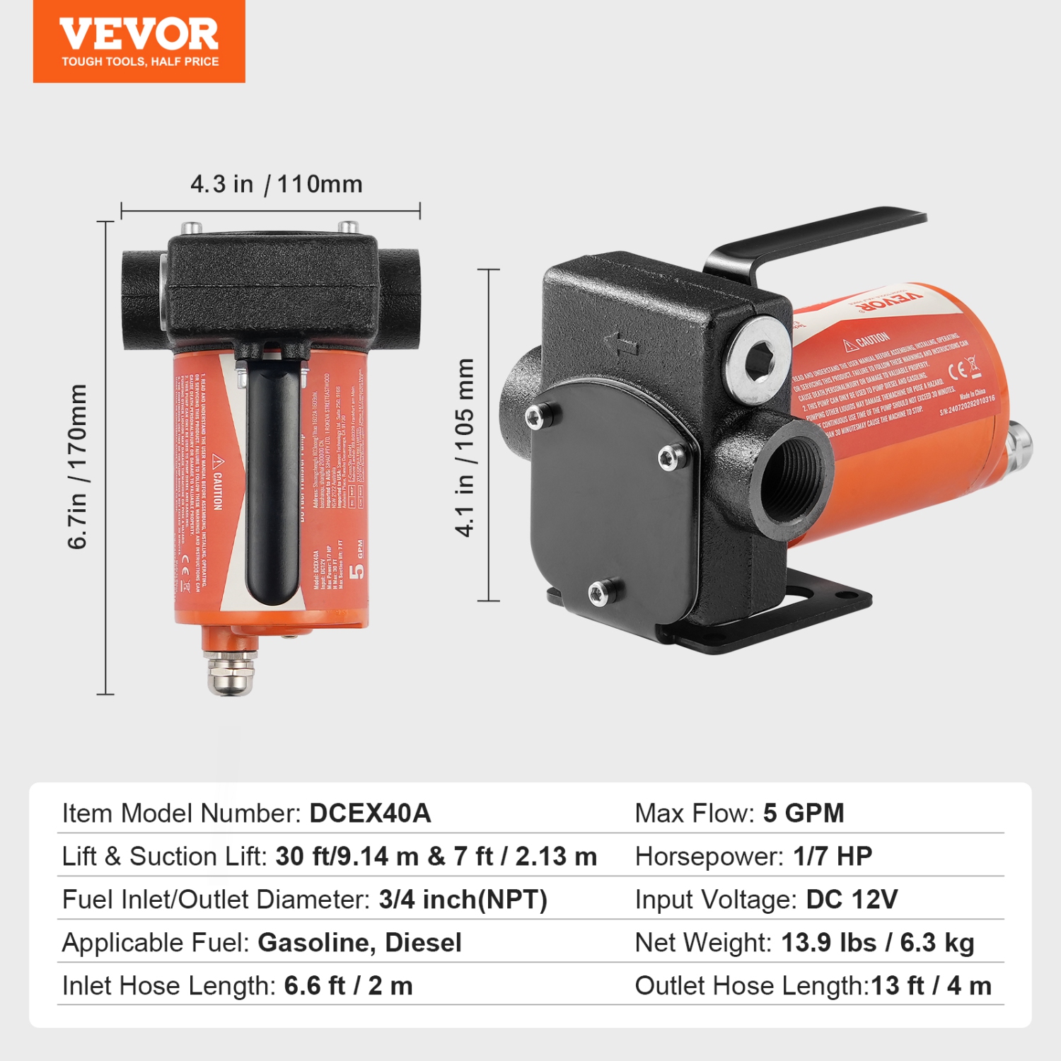 VEVOR 1/10 HP Fuel Transfer Pump, 12V DC 5.3 GPM, Portable Electric Diesel Transfer Pump with Auto Shut-Off Fuel Nozzle, Long Inlet & Outlet Hose for