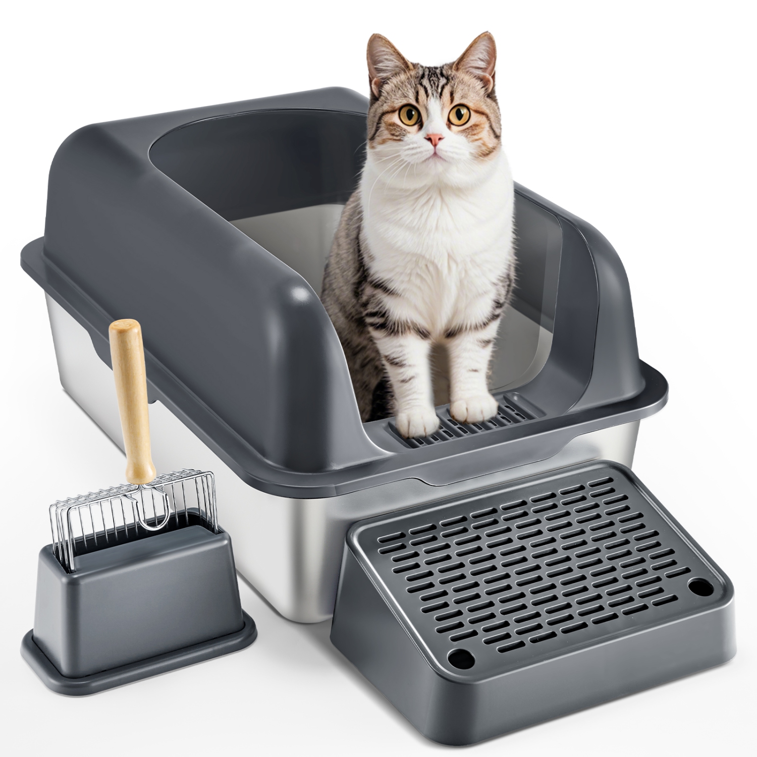 VEVOR 6 inches Cat Litter Box, XL Extra Large Stainless Steel Cat Litter Box with Scoop, Wide Filtering Foot Board & High Sides, Enclosed Odor-Free
