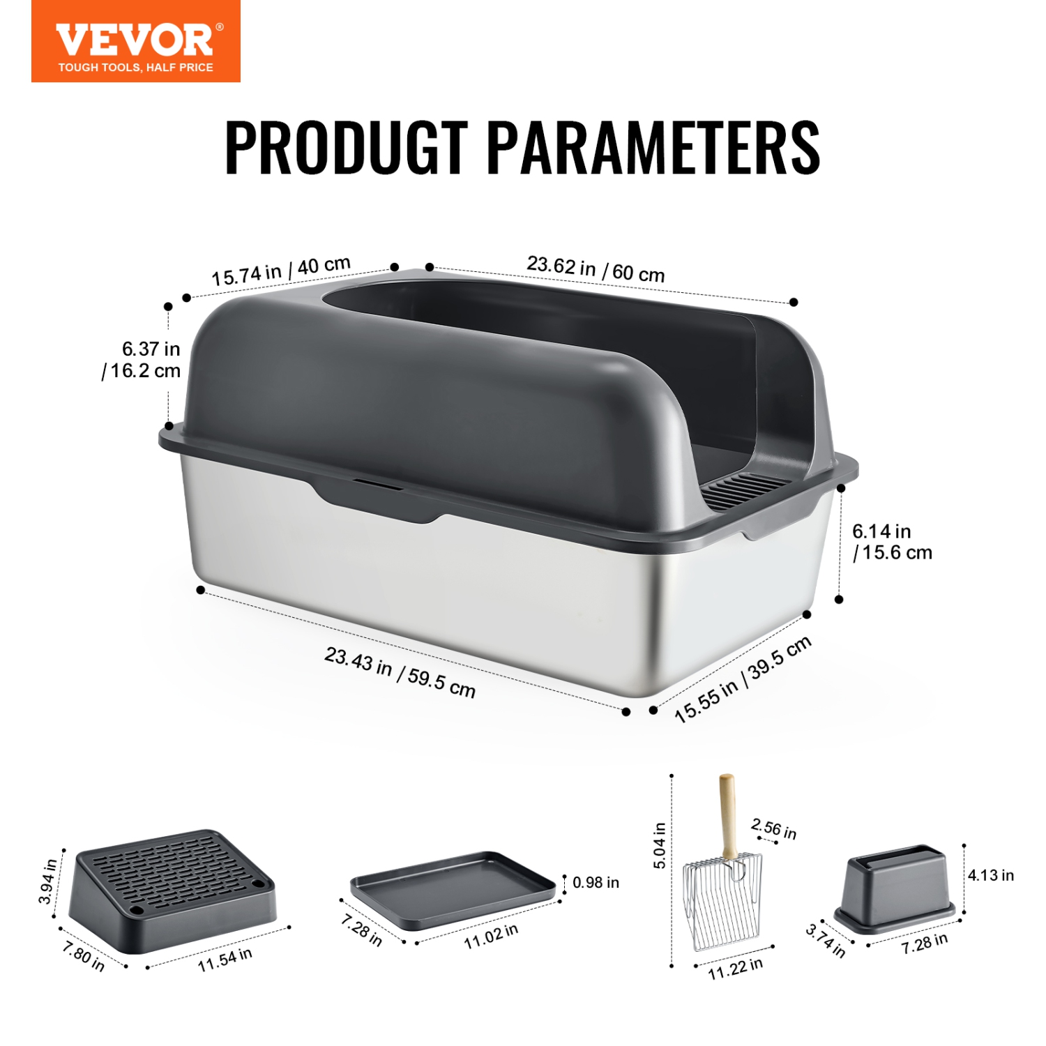 VEVOR 6 inches Cat Litter Box, XL Extra Large Stainless Steel Cat Litter Box with Scoop, Wide Filtering Foot Board & High Sides, Enclosed Odor-Free