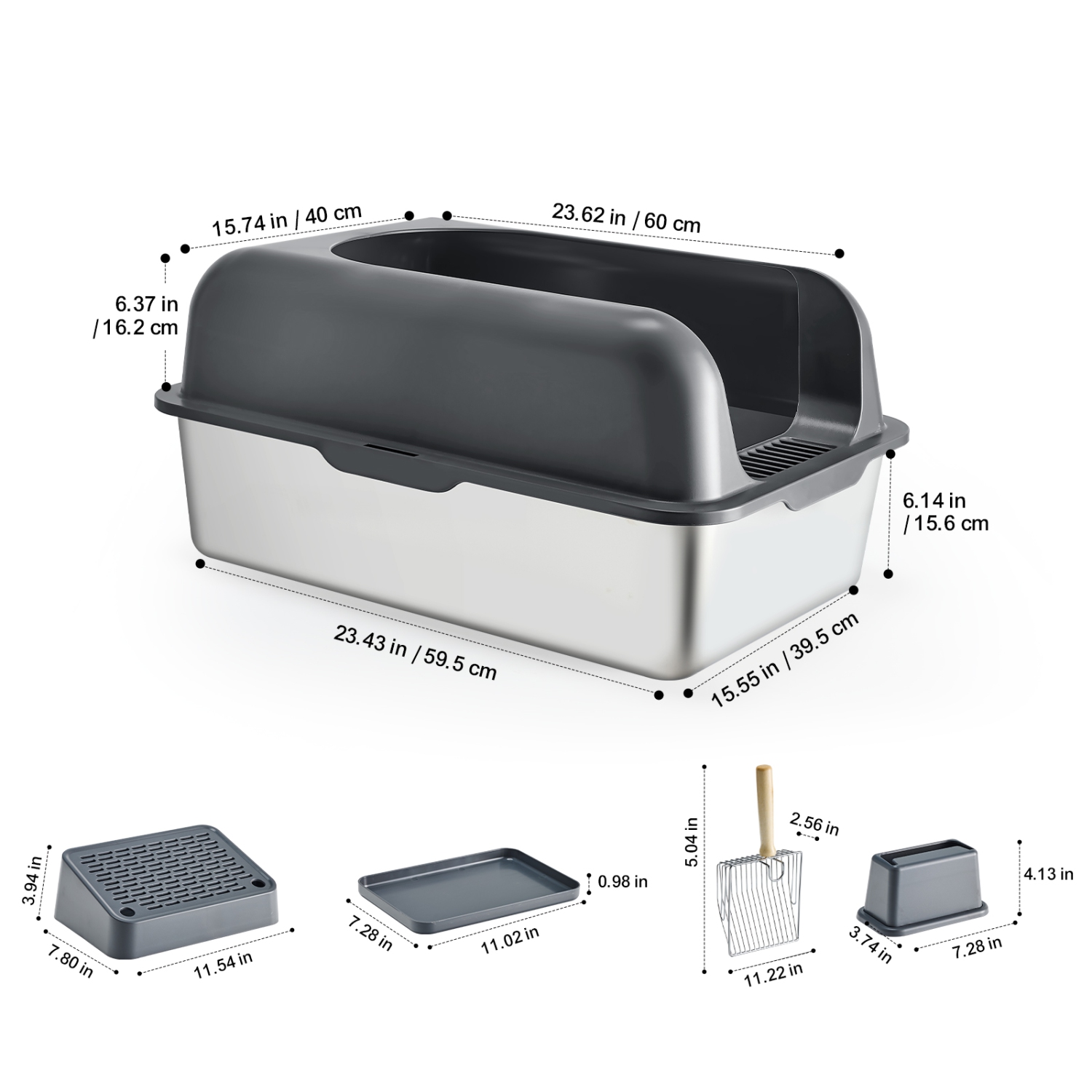 VEVOR 6 inches Cat Litter Box, XL Extra Large Stainless Steel Cat Litter Box with Scoop, Wide Filtering Foot Board & High Sides, Enclosed Odor-Free