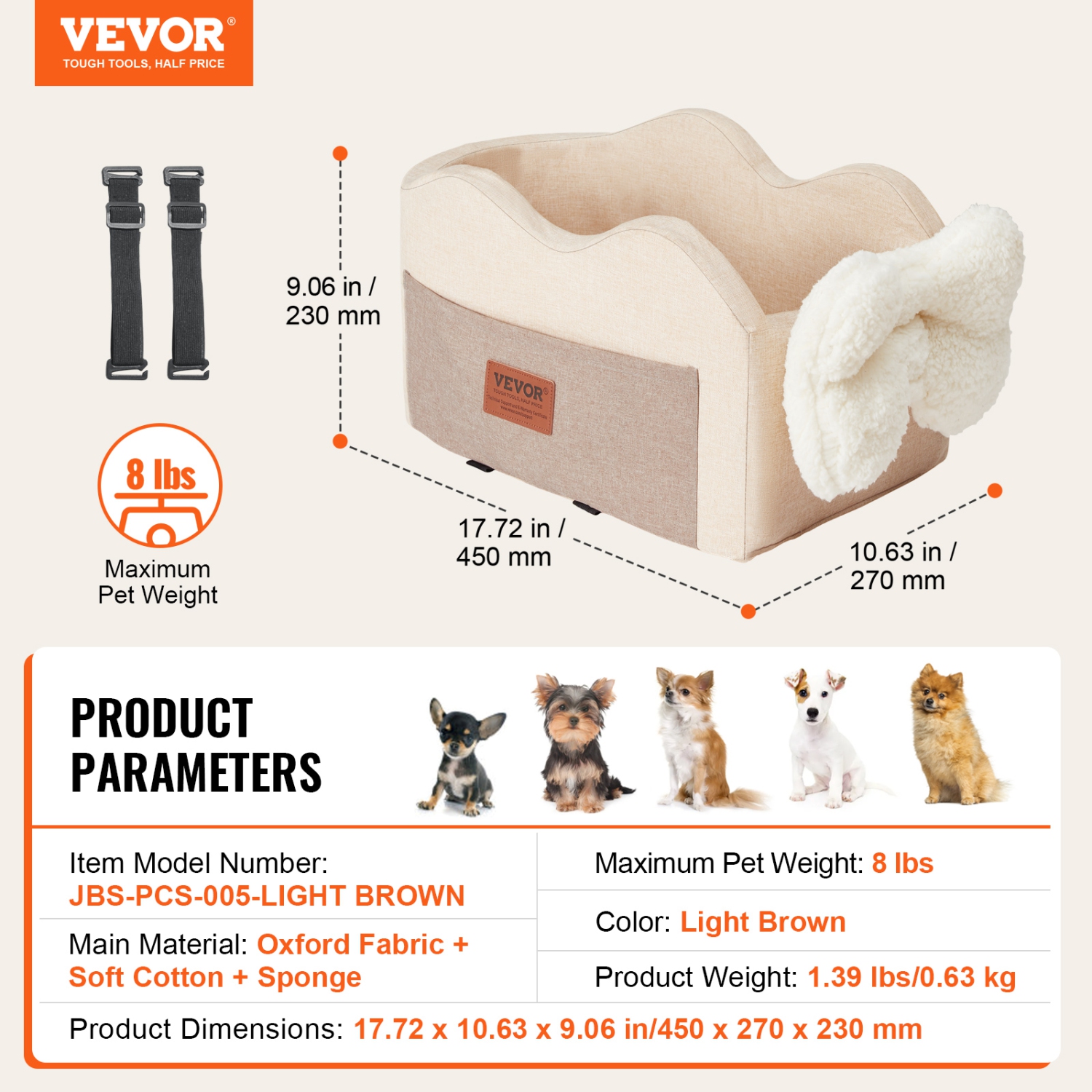 VEVOR Console Dog Car Seat, Center Console Dog Booster Seat for Small Dog, Pet Car Seat for Car Armrest with Clip-On Leash, Adjustable Straps,