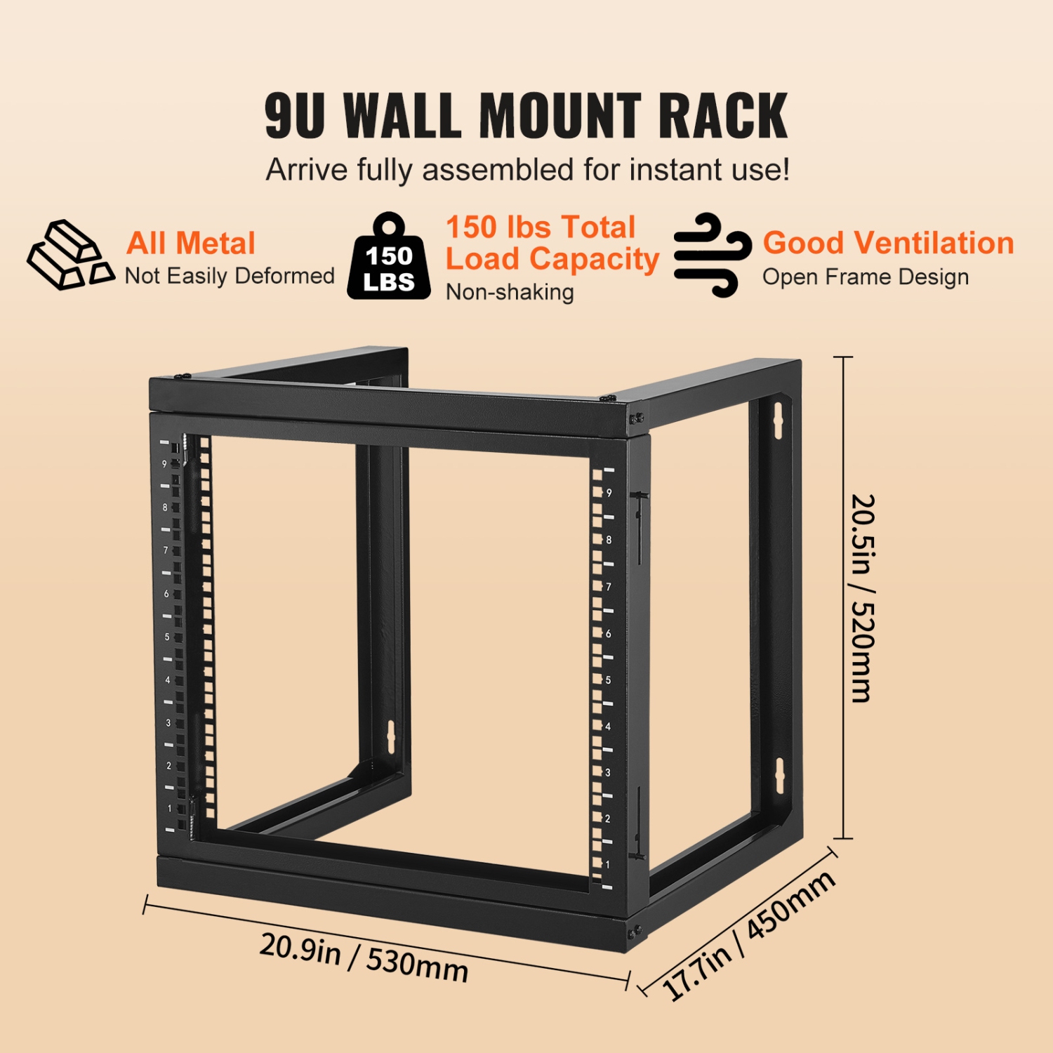 VEVOR 9U Wall Mount Rack, 150 lbs Max Load Capacity, Open Frame Server Network Rack with Cage Nuts Screws, Carbon Steel 20.9 x 17.7 x 20.5" for 19"