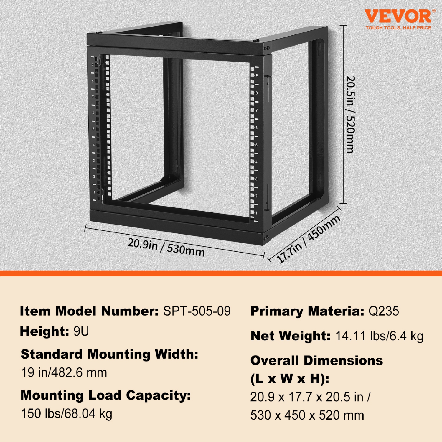 VEVOR 9U Wall Mount Rack, 150 lbs Max Load Capacity, Open Frame Server Network Rack with Cage Nuts Screws, Carbon Steel 20.9 x 17.7 x 20.5" for 19"