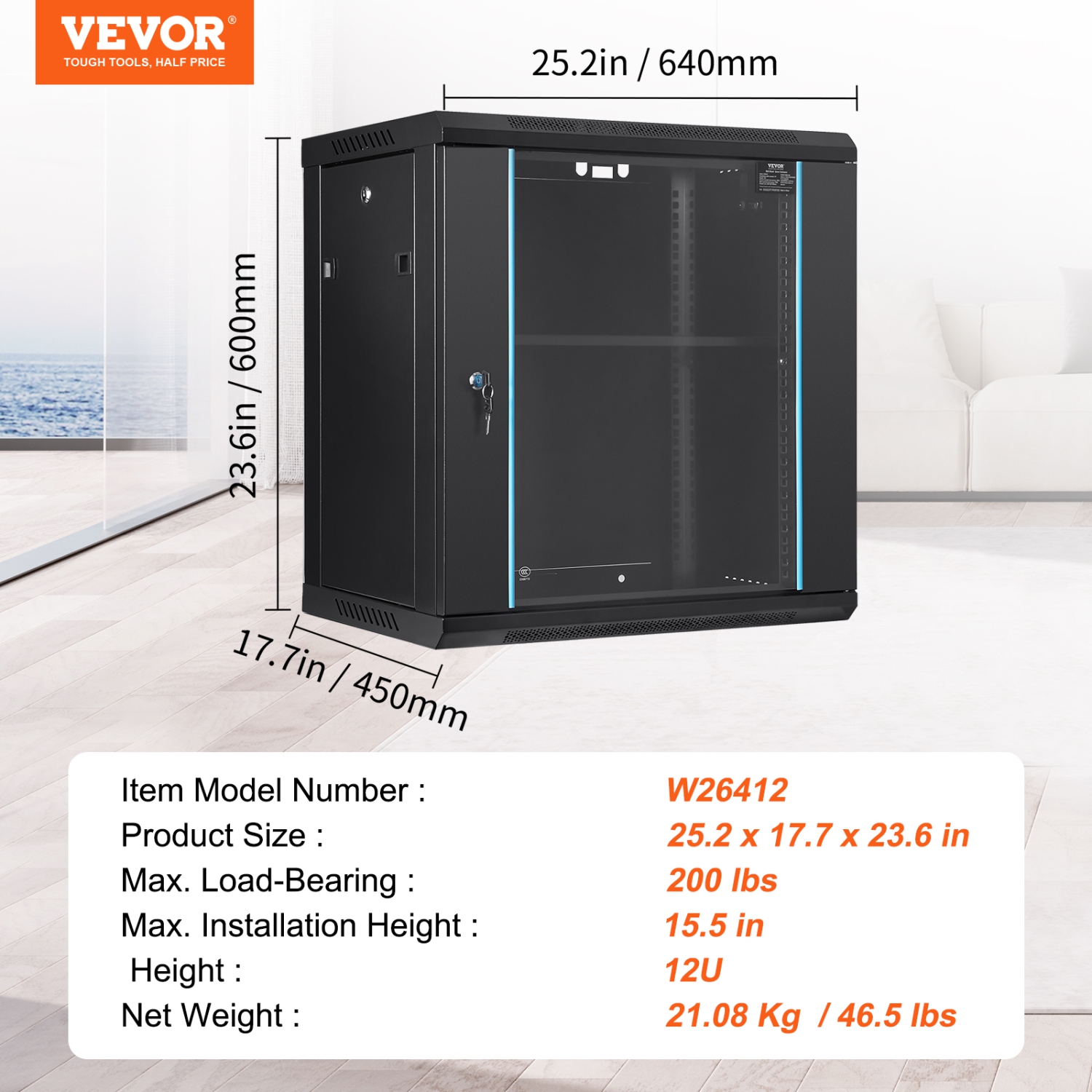 VEVOR 12U Wall-Mounted Server Network Cabinet, 15.5'' Depth, Secure Rack Enclosure, Supports up to 200 lbs, Lockable Glass Door & Sides, Ideal for IT