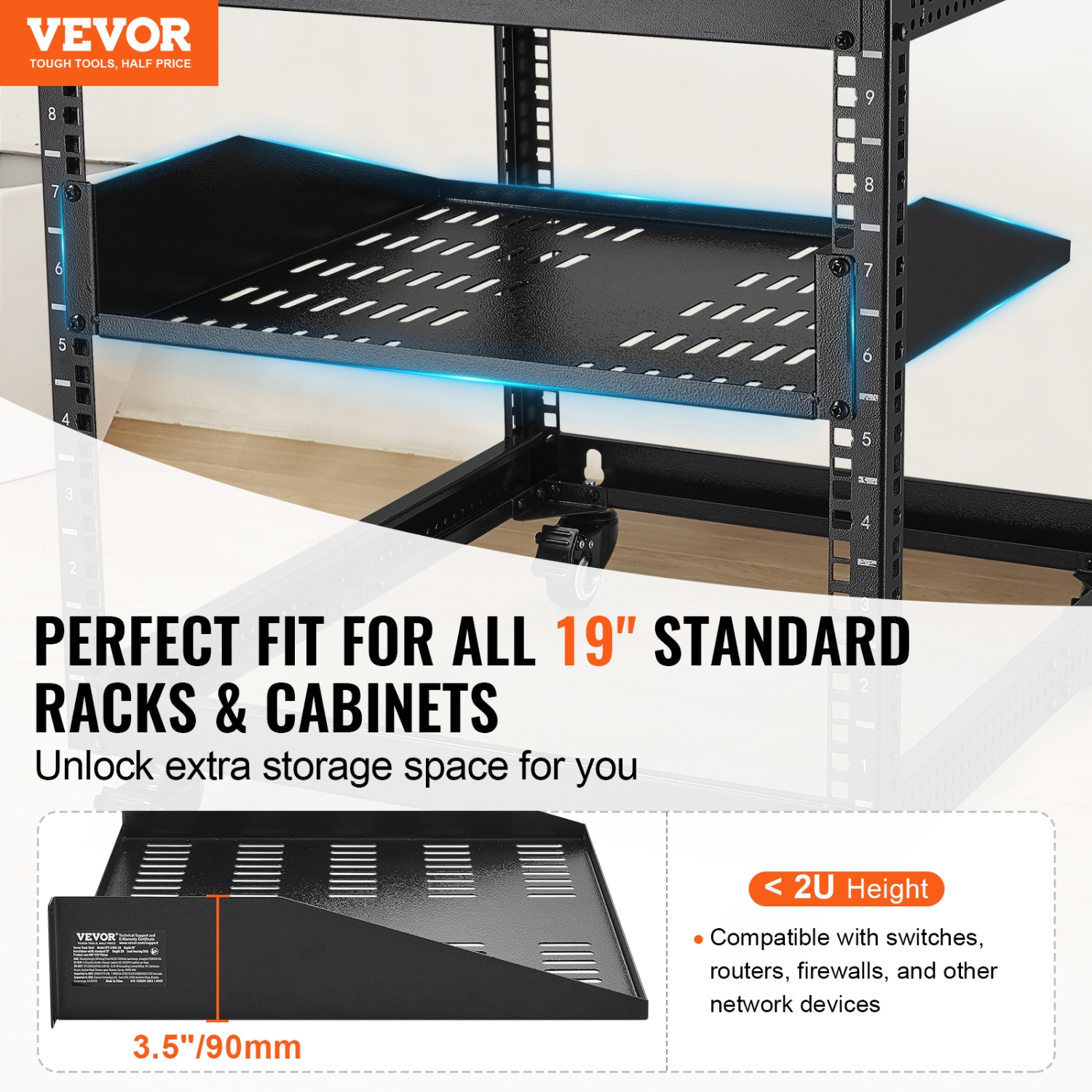 VEVOR 2U Server Rack Shelf, 16" Depth, 50lbs Max Load Capacity Vented Cantilever or Wall Mount Rack Mount Shelf with Tray, Good Air Circulation for