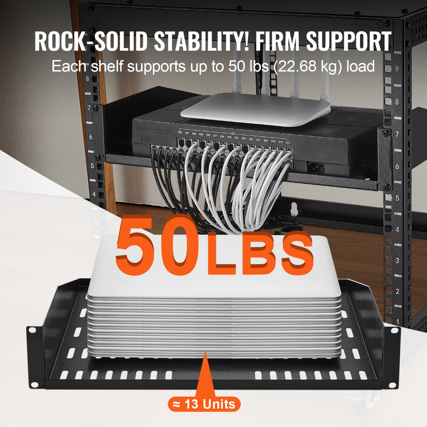 VEVOR 2U Server Rack Shelf, 16" Depth, 50lbs Max Load Capacity Vented Cantilever or Wall Mount Rack Mount Shelf with Tray, Good Air Circulation for