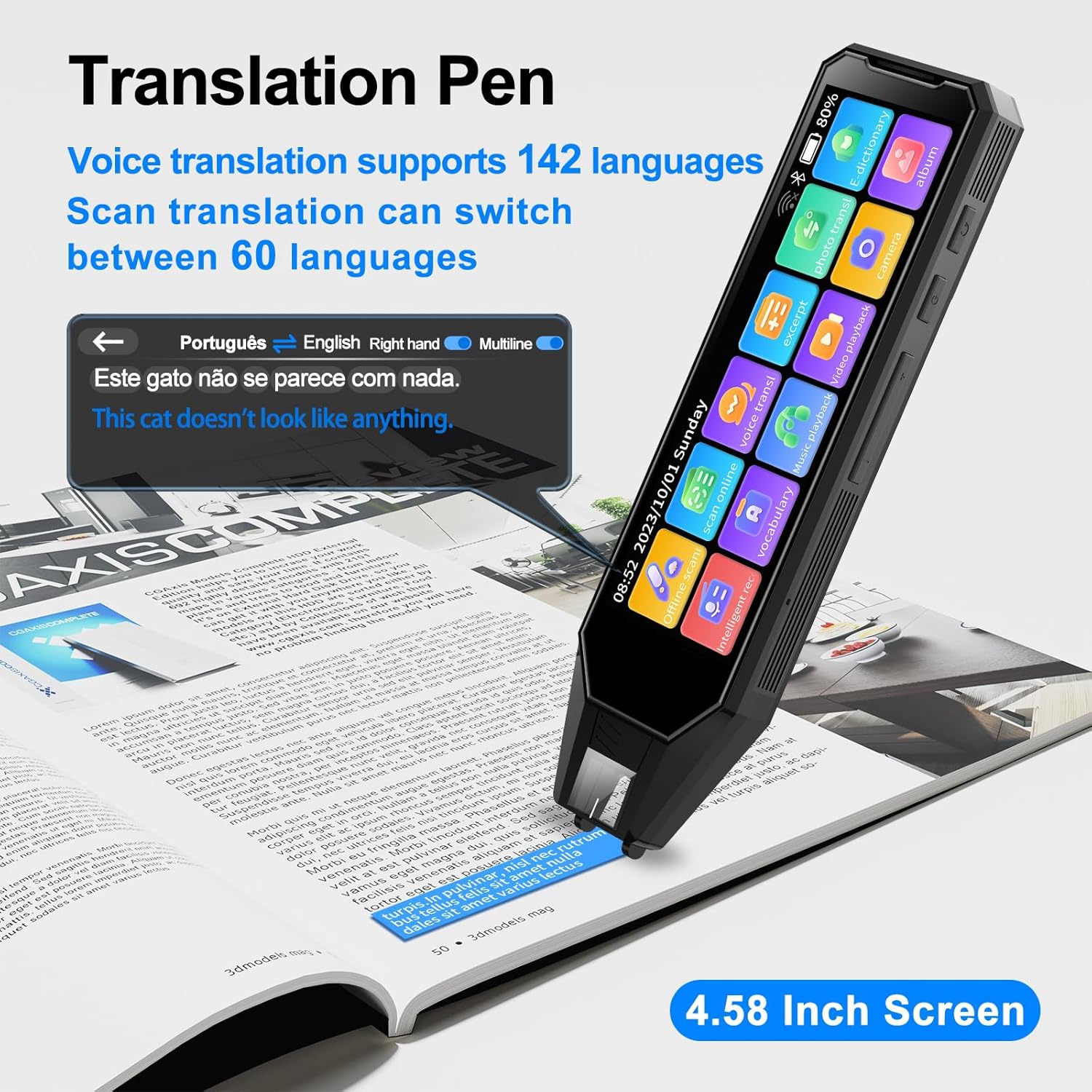 Point reading pen language translation scanning pen 142 languages ​​instant two-way AI translator 4.58-inch screen HD sound quality long battery life