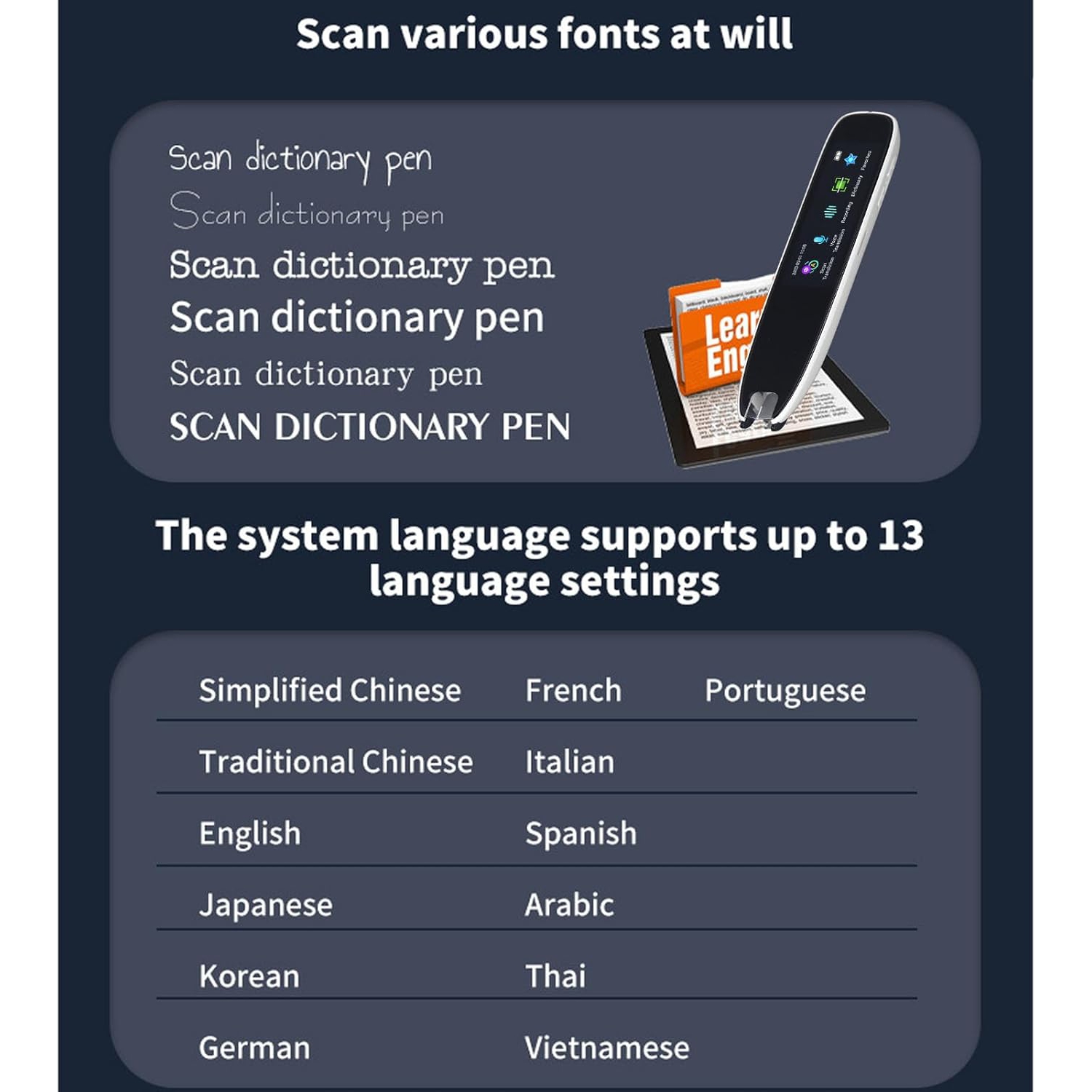 Language electronic translation pen, reading scanning pen, multi-language translation pen suitable for children, adults, learning, travel, business