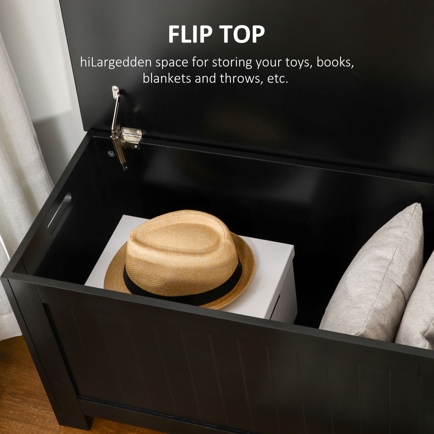 HOMCOM Storage Chest, Modern Storage Trunk with 2 Safety Hinges and Flip-Top Lid, Blanket Box for Living Room, Black