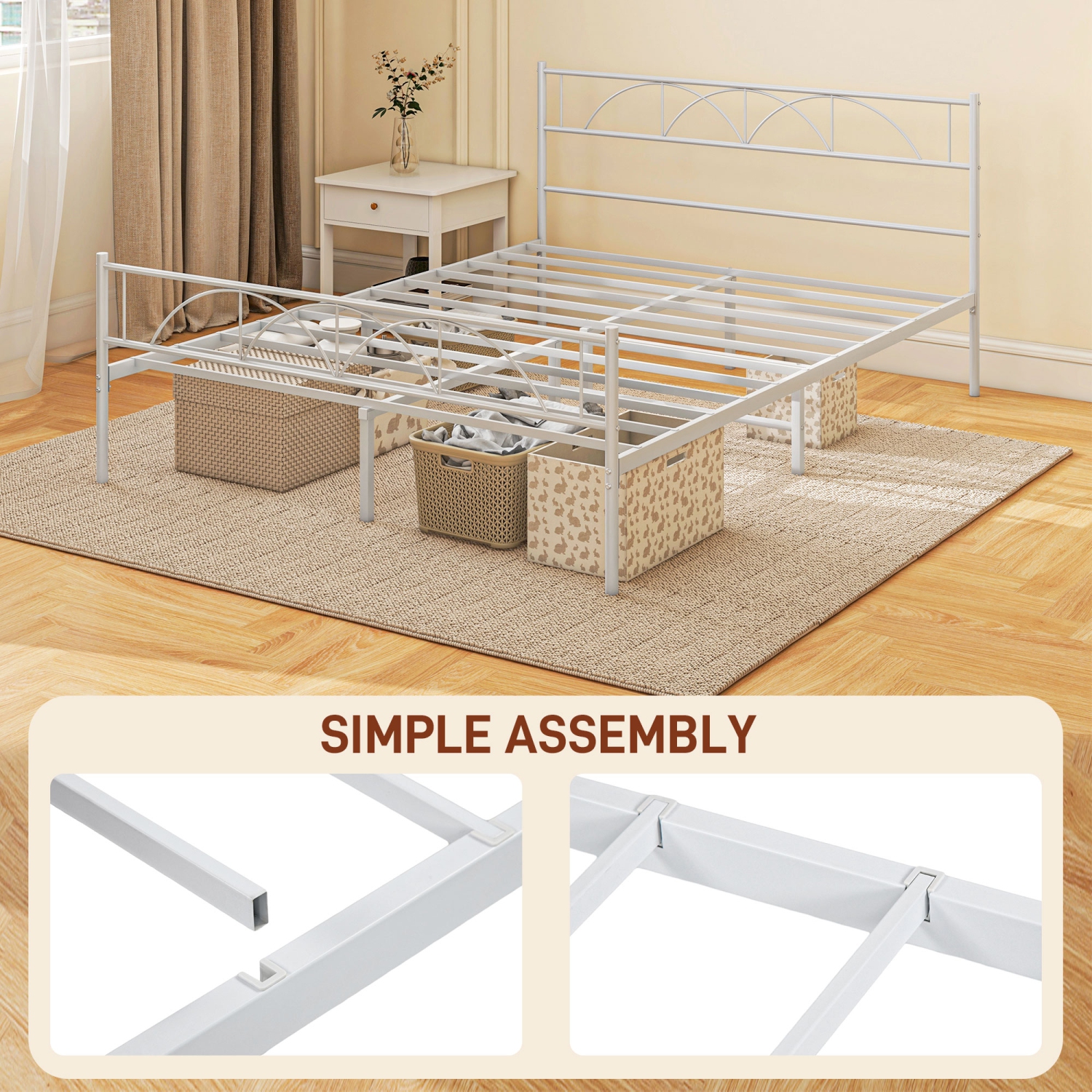 HOMCOM Queen Bed Frame, Metal Platform Bed Frame with Headboard and Footboard, Steel Slat Support, Underbed Storage, No Box Spring Needed, Easy