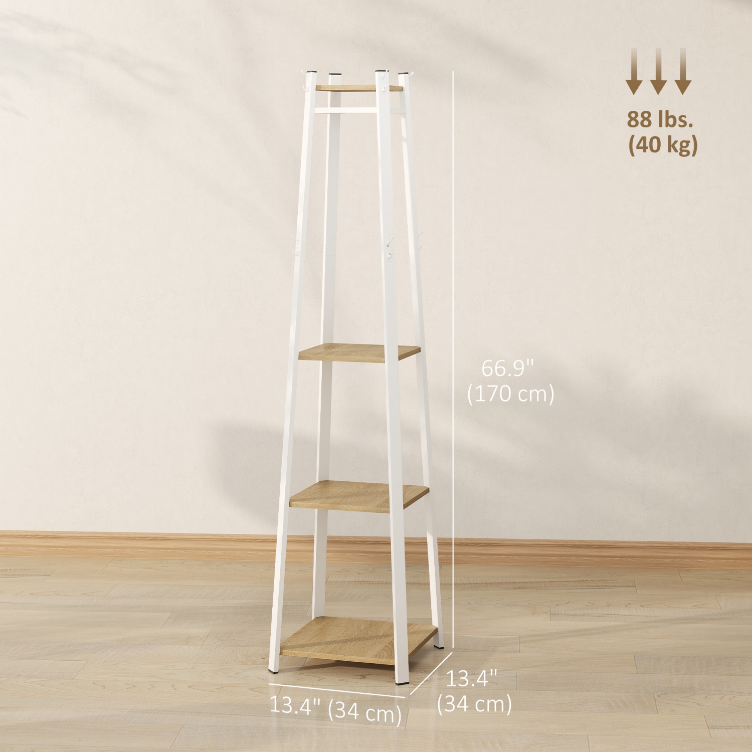 Support à vêtements avec rangement de HOMCOM, porte-vêtements autonome avec 8 crochets et tablette à 3 niveaux pour chambre, entrée, couloir, chêne