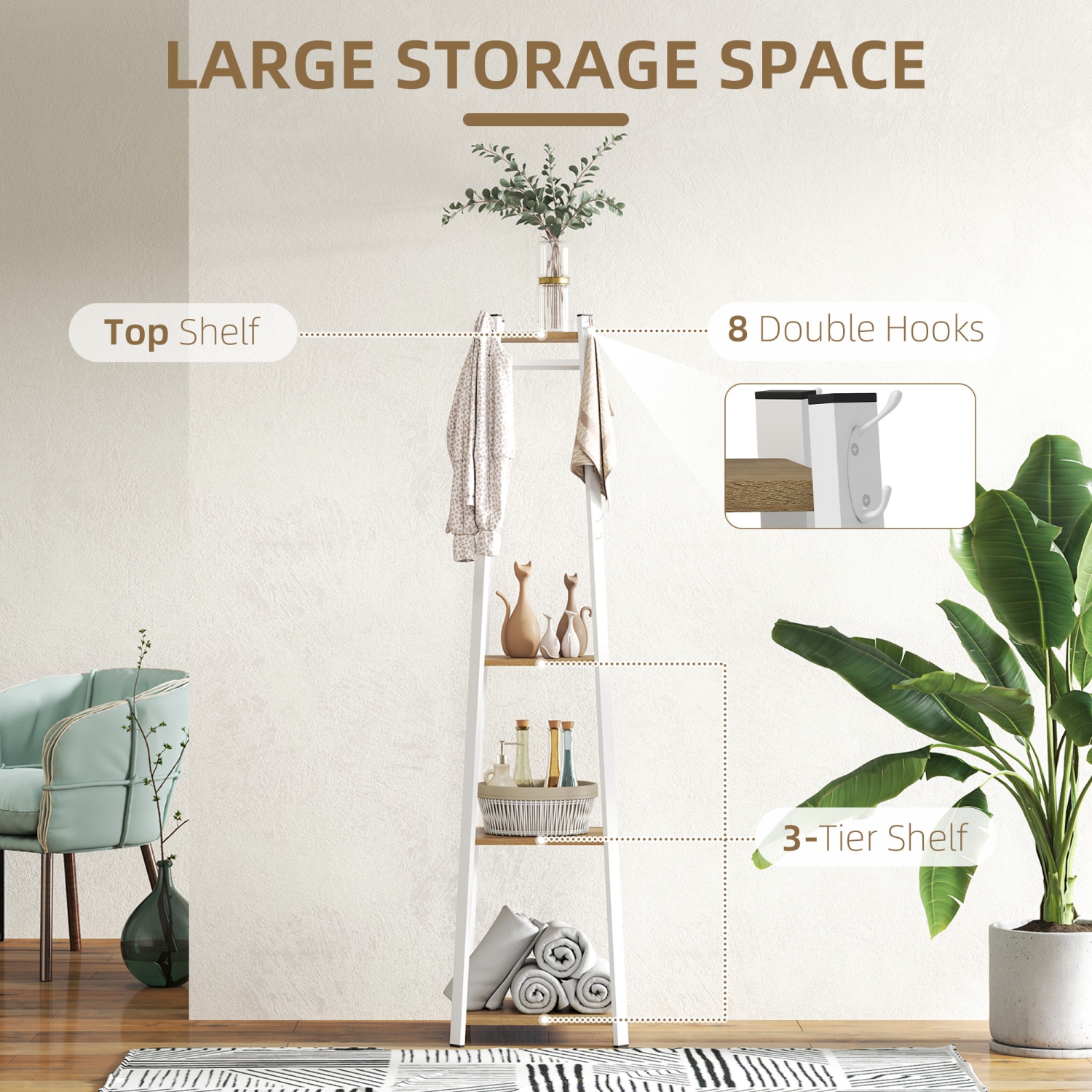 Support à vêtements avec rangement de HOMCOM, porte-vêtements autonome avec 8 crochets et tablette à 3 niveaux pour chambre, entrée, couloir, chêne