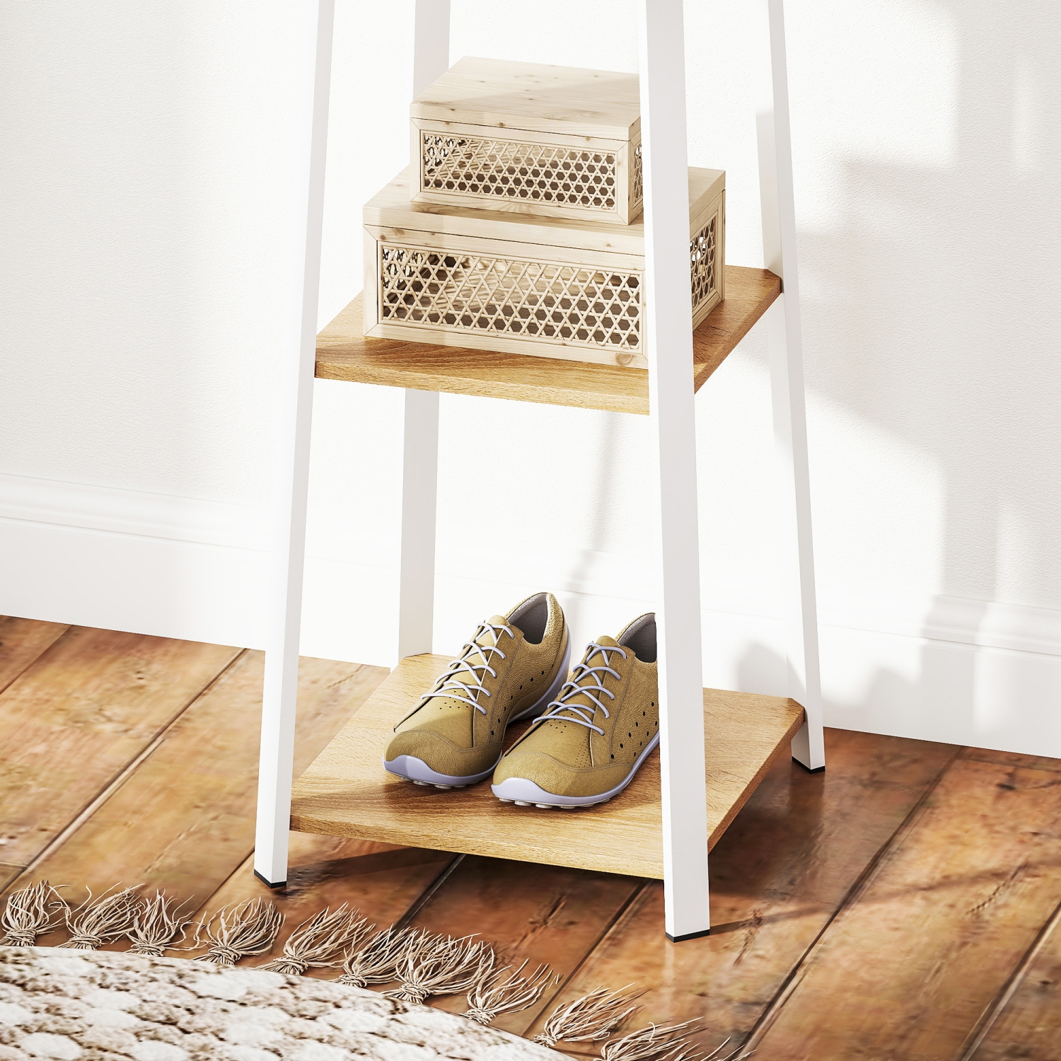 Support à vêtements avec rangement de HOMCOM, porte-vêtements autonome avec 8 crochets et tablette à 3 niveaux pour chambre, entrée, couloir, chêne