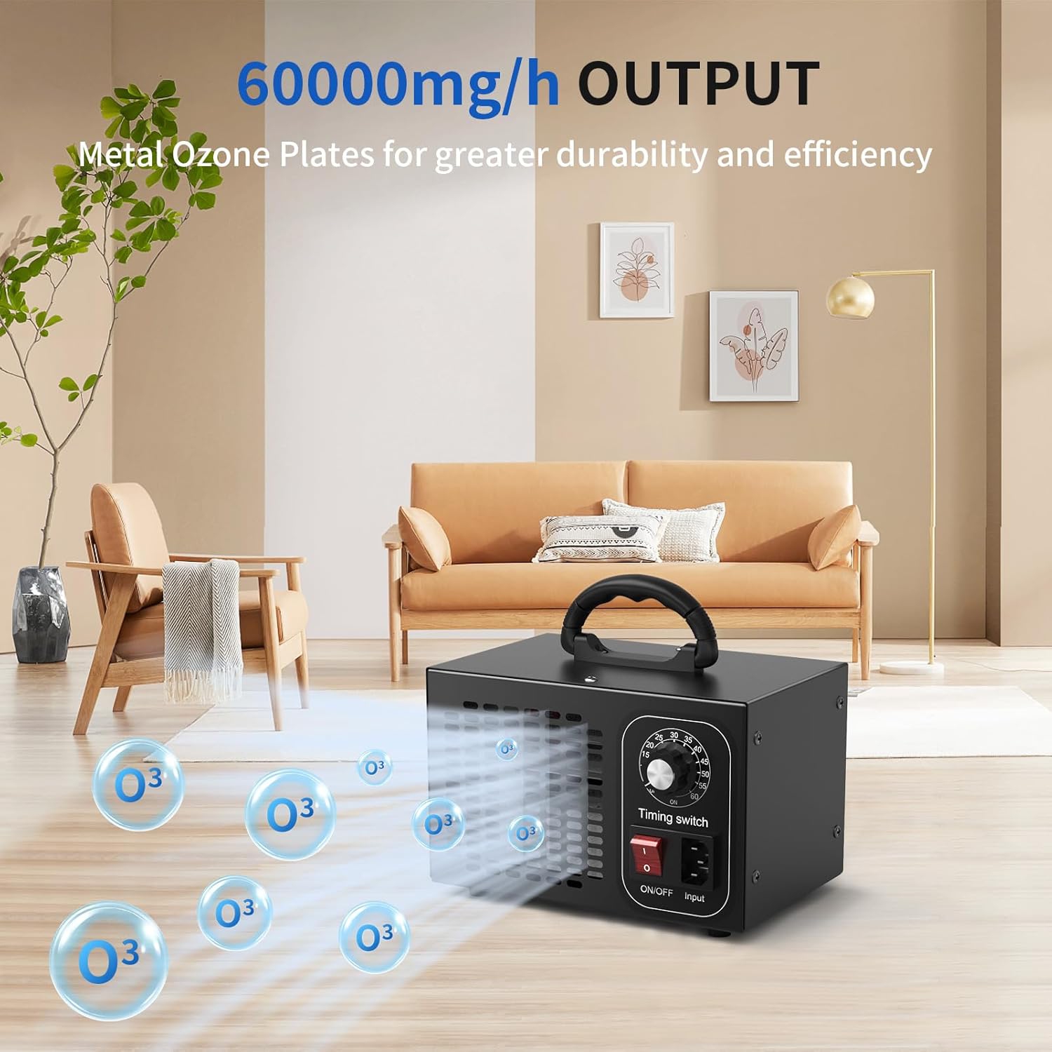 60,000mg/h Ozone Generator – 60g/h Output, Suitable for 120m2 Space | Removes Odors, Mold, etc. | Timing Energy Saving, Air Purifier Home Armored