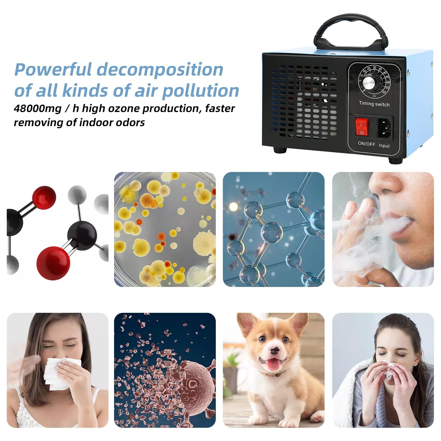 Générateur d'ozone portatif – 60&nbsp;000&nbsp;mg/h à haute efficacité | Convient aux sous-sols, hôtels, véhicules et fermes, purificateur d'air Home