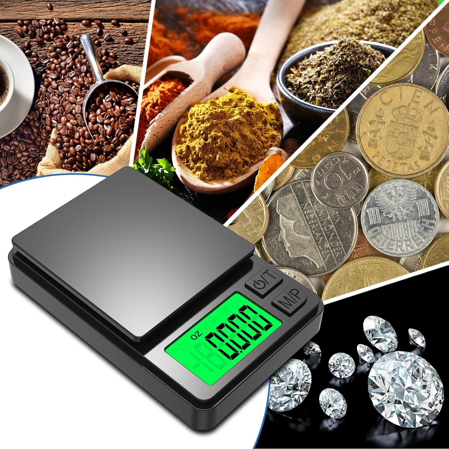 Portable precision gram scale with protective case, LCD display, and 7 measuring units. Suitable for grains, kitchen use, coffee making, etc.
