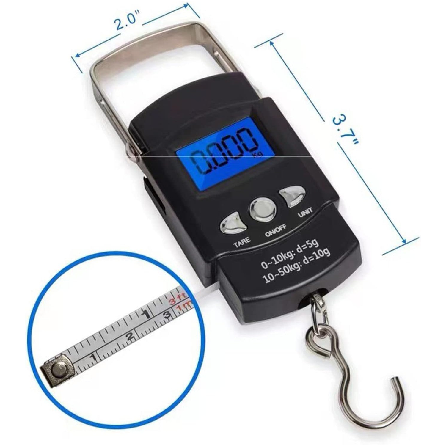 Fishing scale with clear display, portable handheld crane scale, compact finished product scale 50KG/10G)