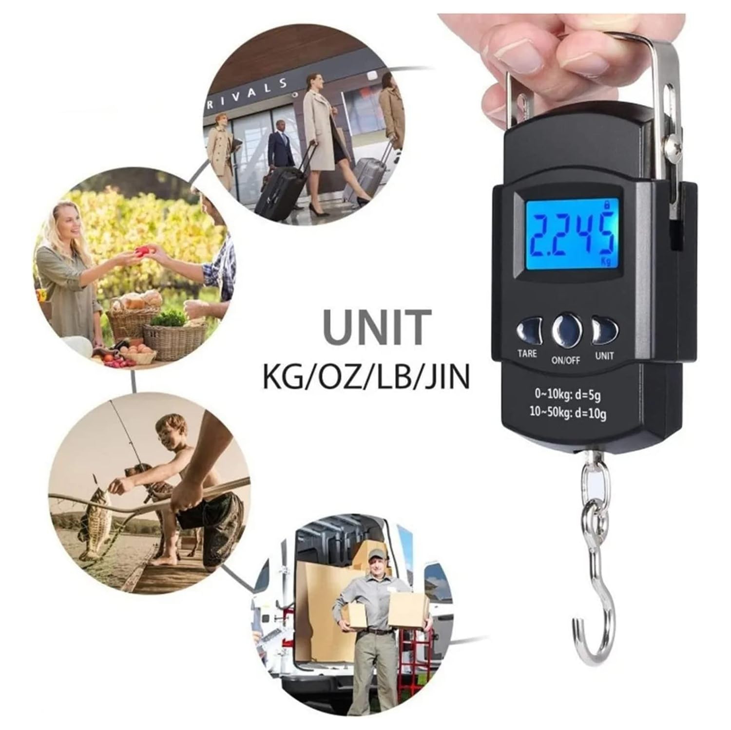 Fishing scale with clear display, portable handheld crane scale, compact finished product scale 50KG/10G)