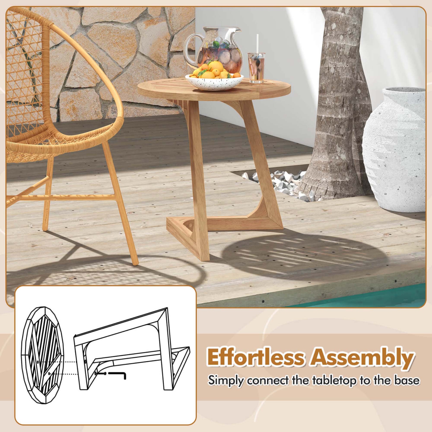 Costway 1/2 PCS Teak Wood Side Table Round Sofa End Table with Slatted Tabletop Nightstand