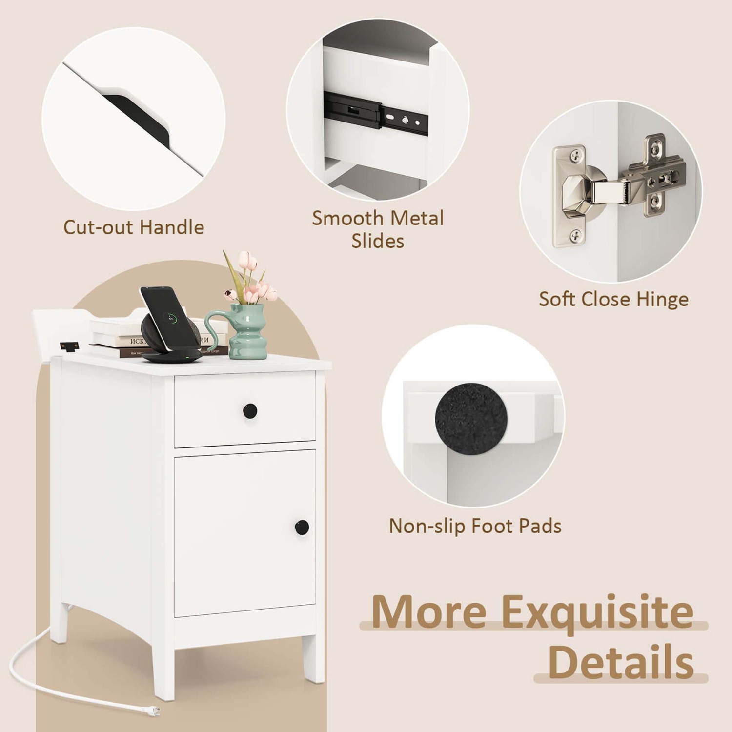 Costway 1/2 PCS End Table with Charging Station Flip Top Bedside Table with USB Ports & Outlets Brown