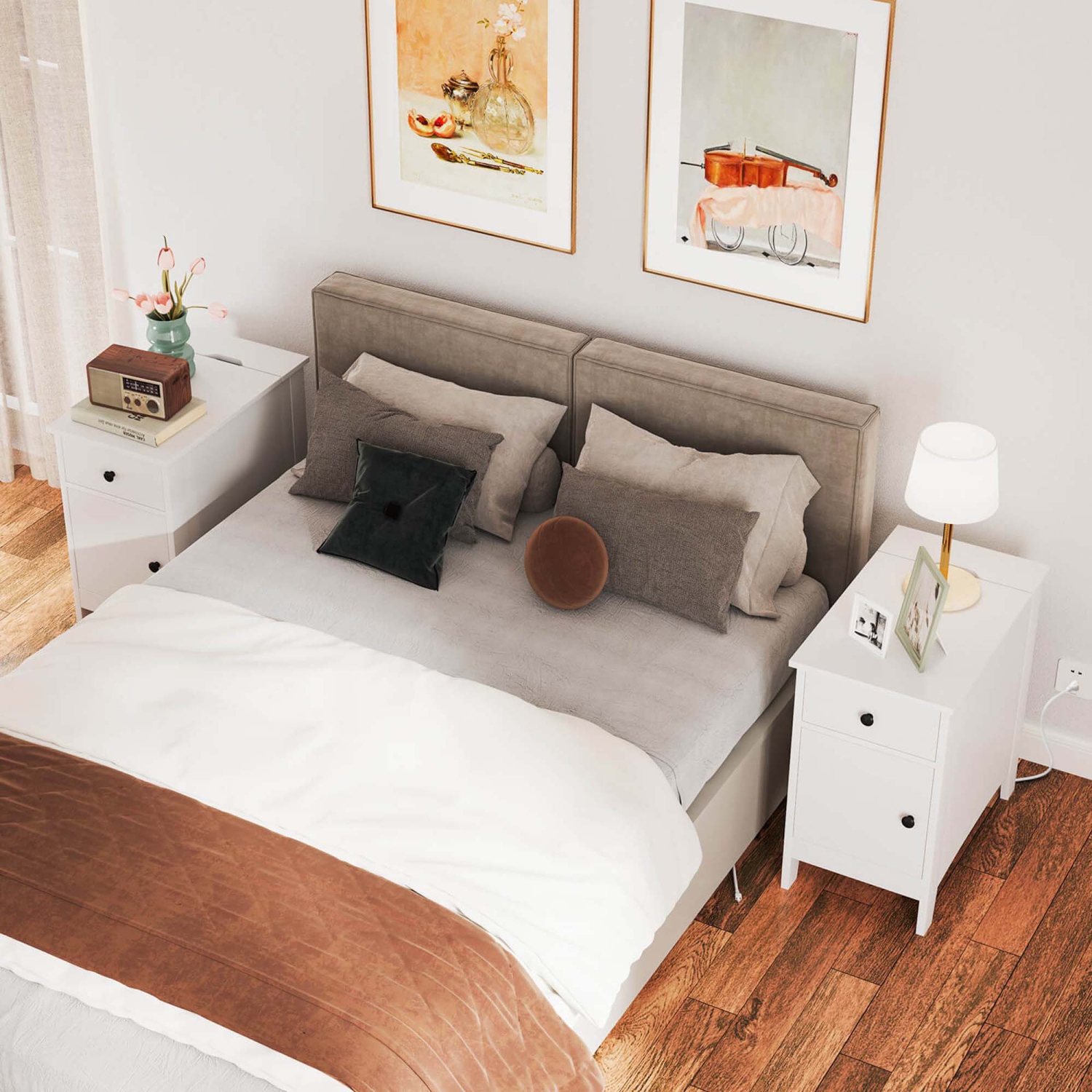 Table de bout PC 1/2 de Costway avec station de chargement, table de chevet à dessus rabattable avec ports USB et prises brun