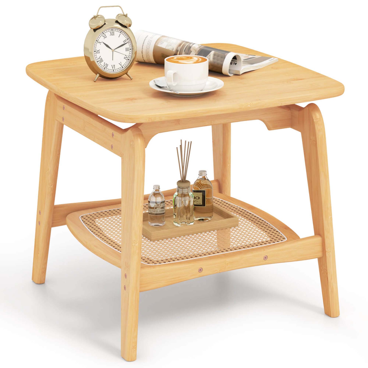 Costway 1/2 PCS Bamboo Sofa Side Table with Faux Rattan Storage Shelf Boho End Table Living Room