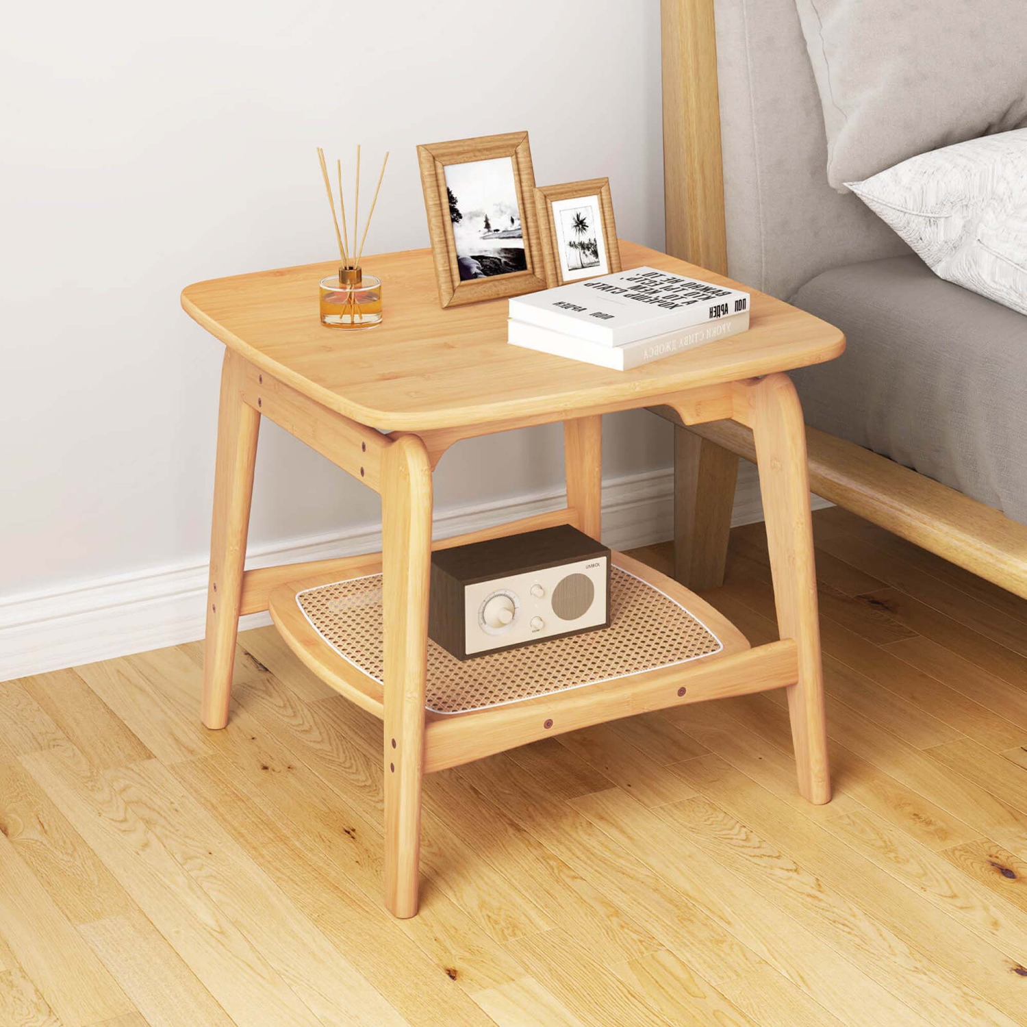 Costway 1/2 PCS Bamboo Sofa Side Table with Faux Rattan Storage Shelf Boho End Table Living Room