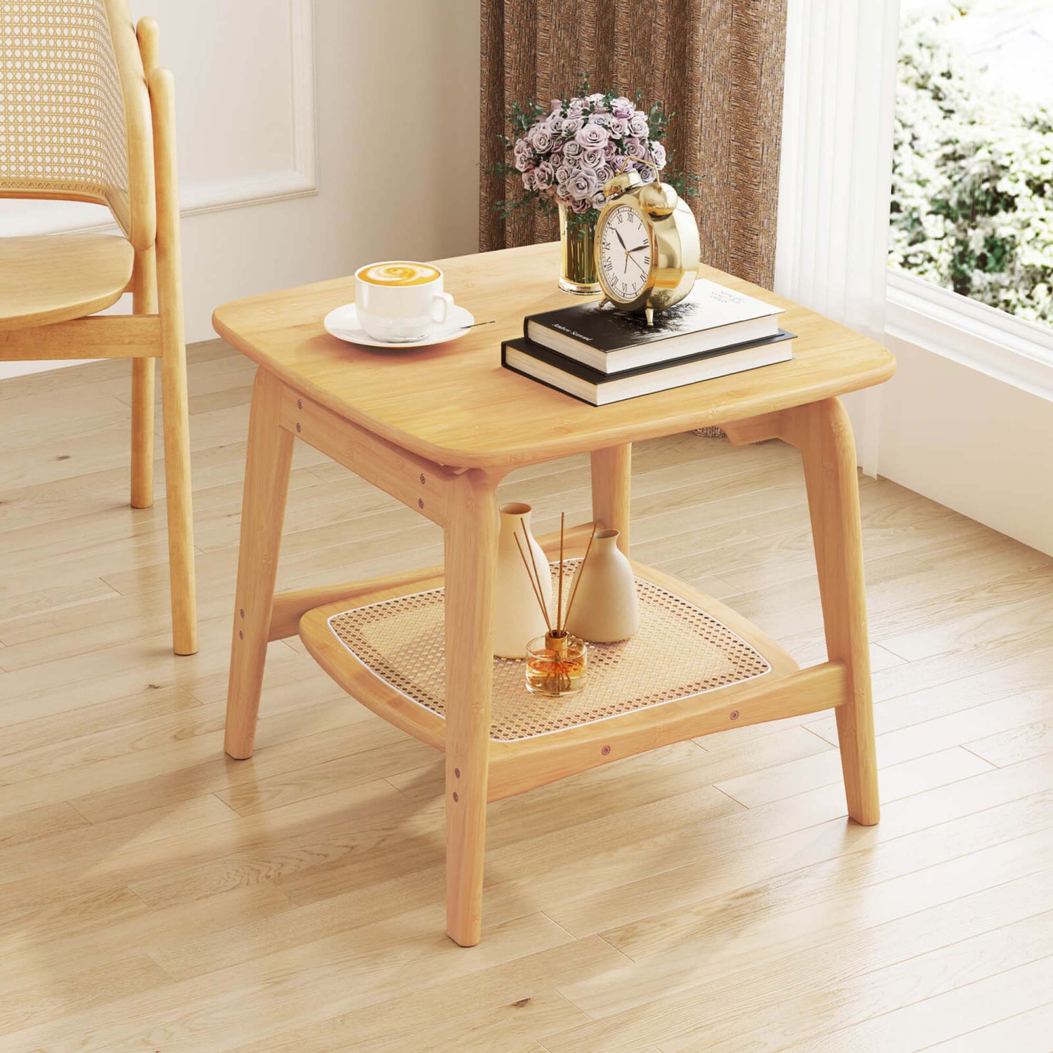 Costway 1/2 PCS Bamboo Sofa Side Table with Faux Rattan Storage Shelf Boho End Table Living Room