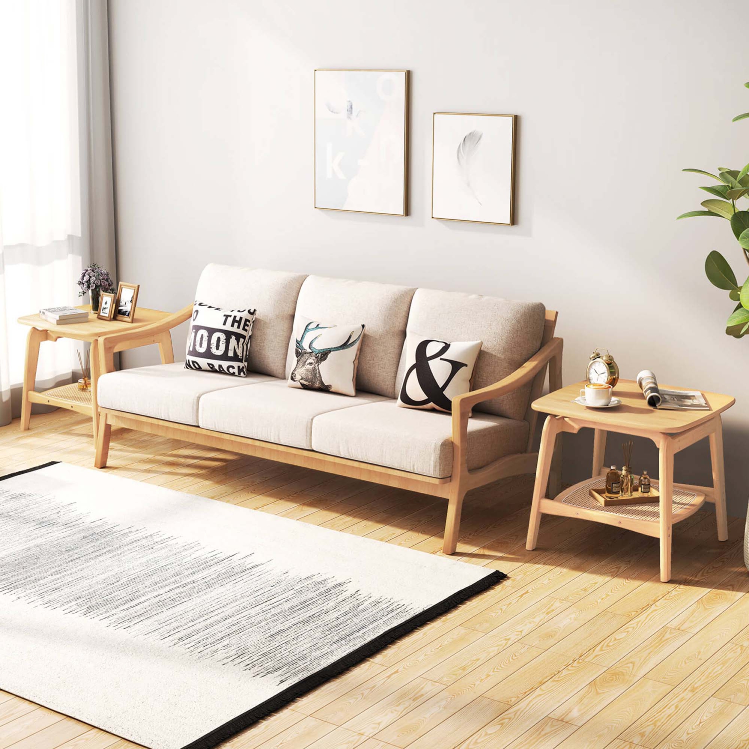 Costway 1/2 PCS Bamboo Sofa Side Table with Faux Rattan Storage Shelf Boho End Table Living Room