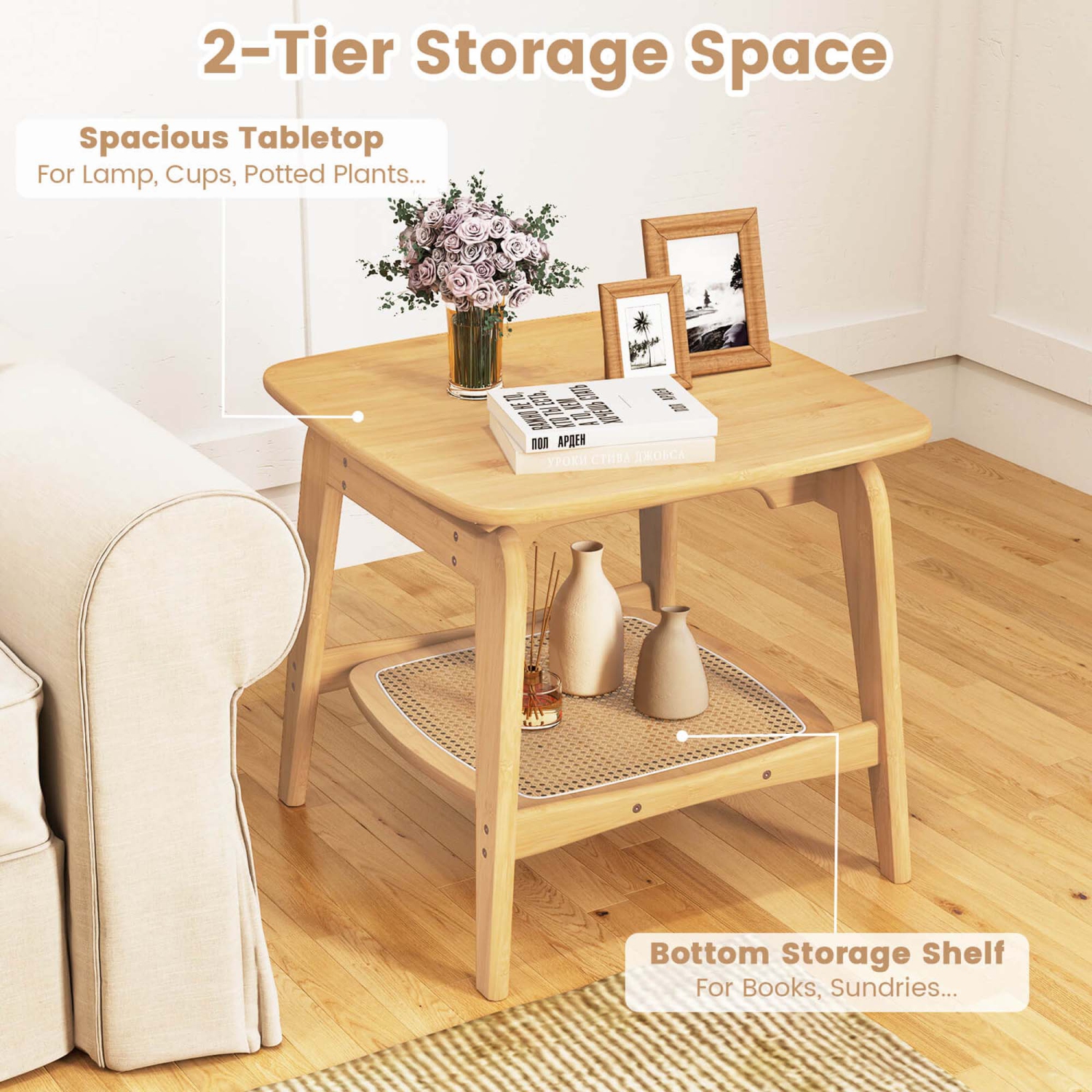 Costway 1/2 PCS Bamboo Sofa Side Table with Faux Rattan Storage Shelf Boho End Table Living Room