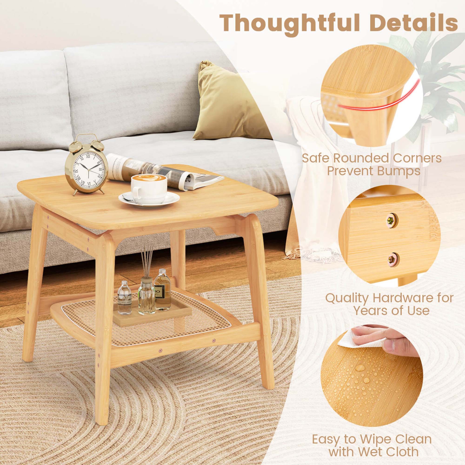 Costway 1/2 PCS Bamboo Sofa Side Table with Faux Rattan Storage Shelf Boho End Table Living Room