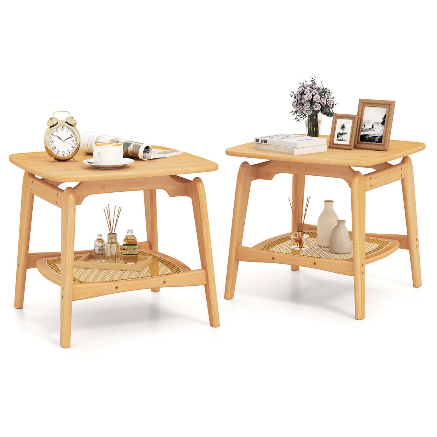 Table d'appoint de canapé en bambou avec tablette de rangement en rotin synthétique Boho de Costway 1/2 pour salle de séjour