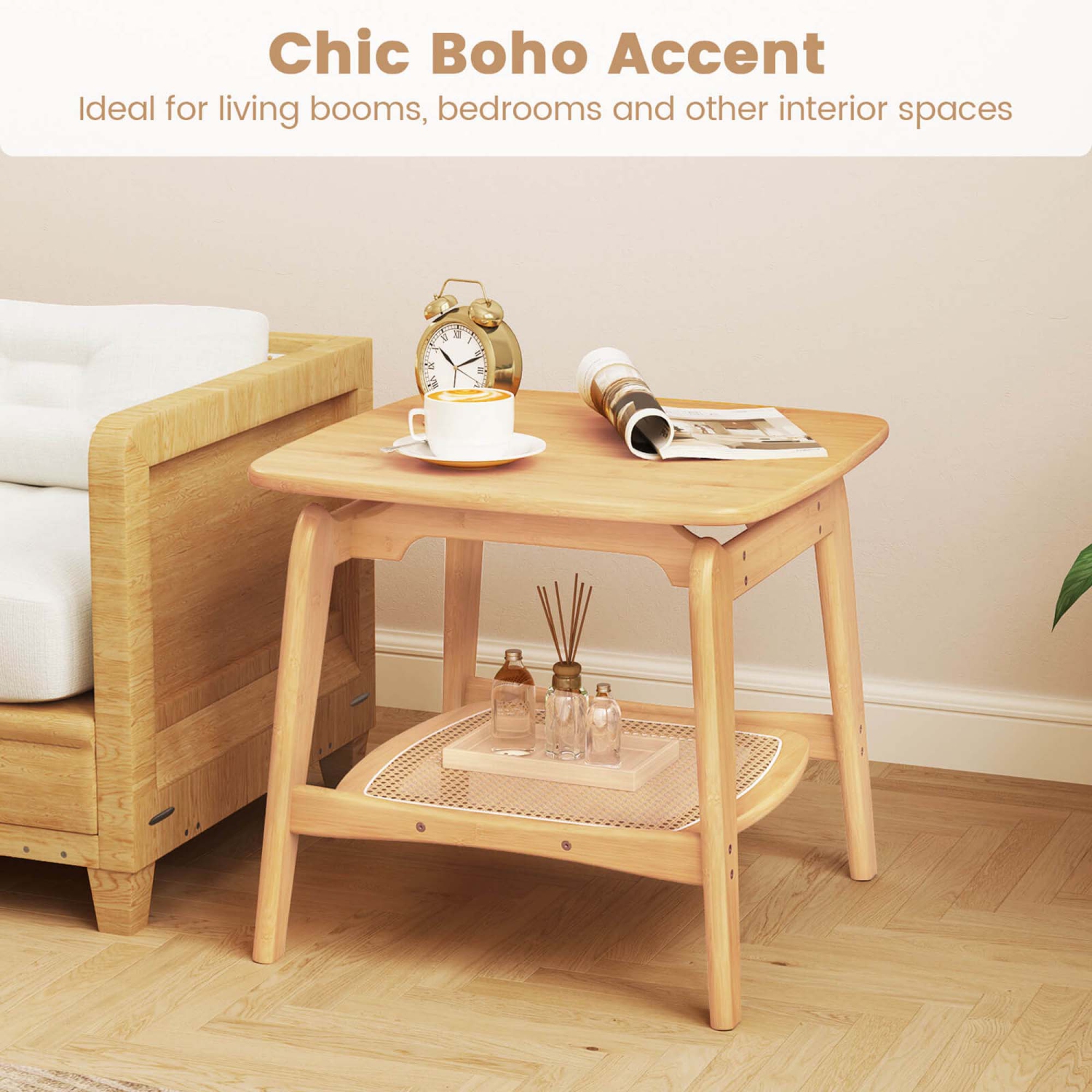 Table d'appoint de canapé en bambou avec tablette de rangement en rotin synthétique Boho de Costway 1/2 pour salle de séjour