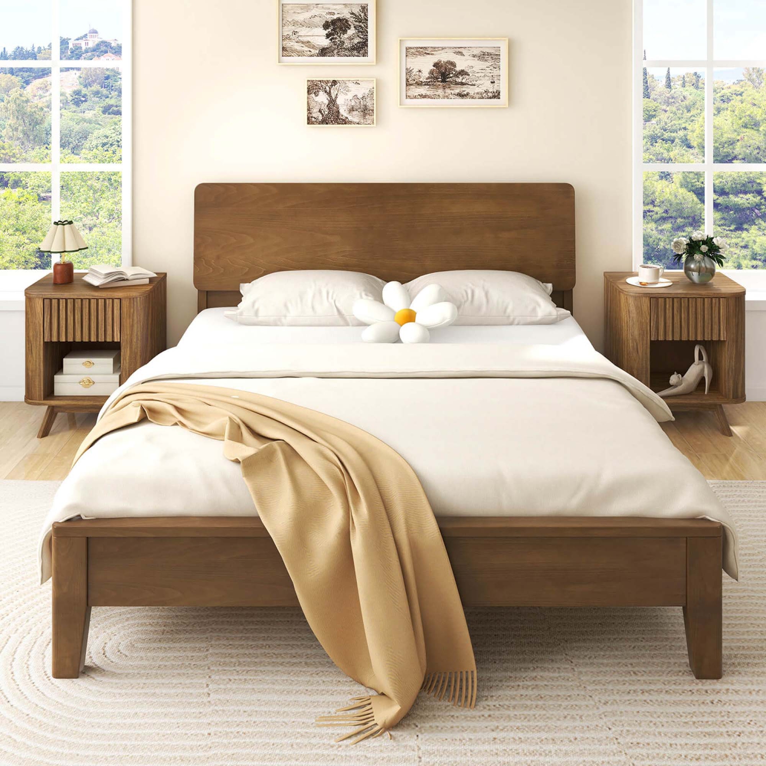 Costway 1/2 PCS Wood Nightstand with Drawer & Open Shelf Storage Home Bedside Table for Bedroom